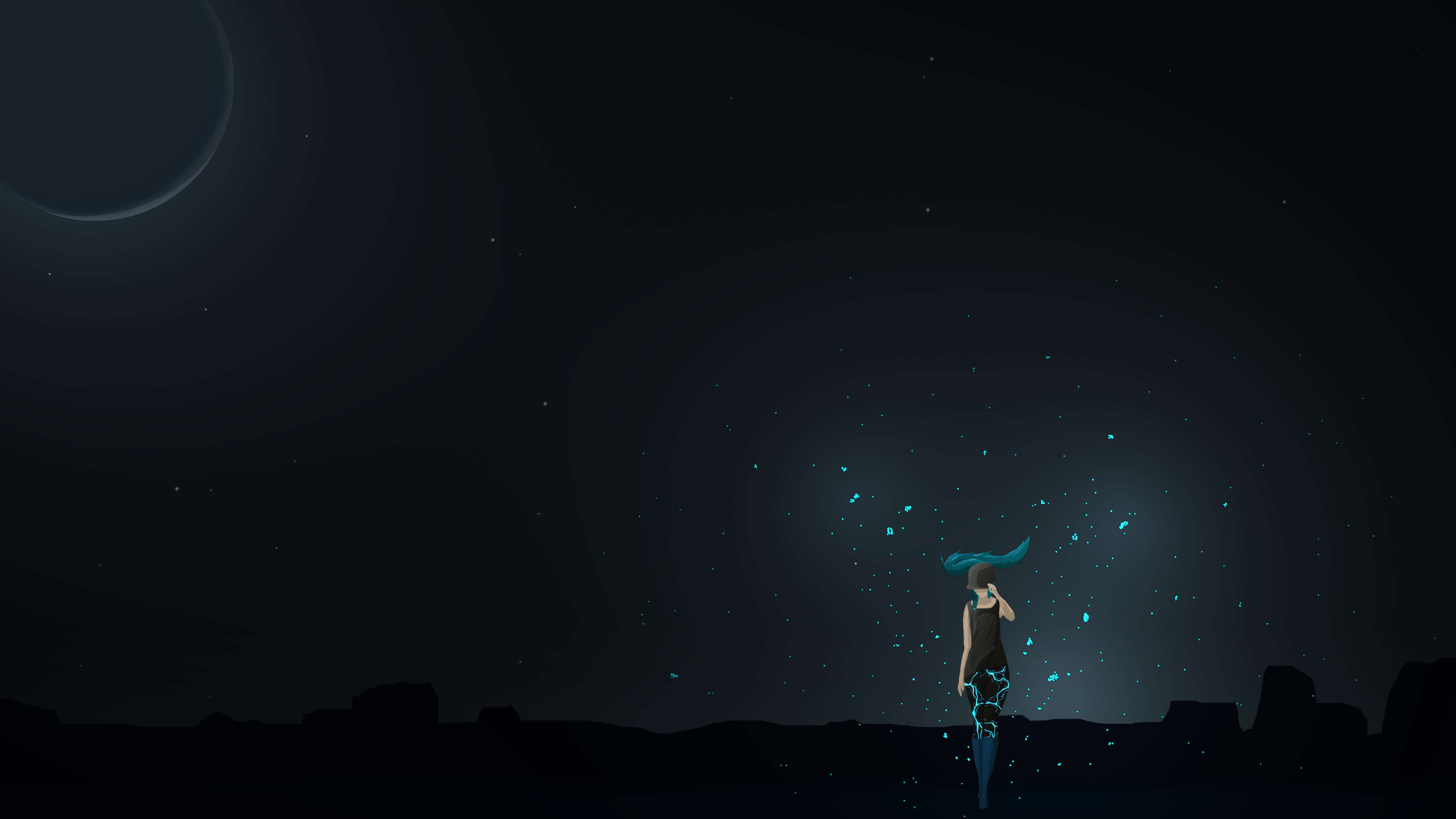 Woman with blue hair under a dark sky with a planet HD Wallpaper