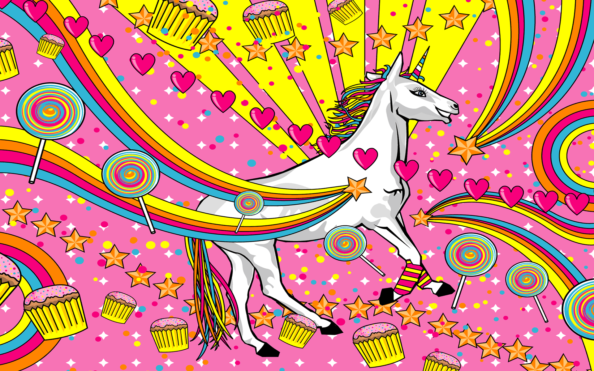 Psychedelic Unicorn with Rainbows and Sweets HD Wallpaper