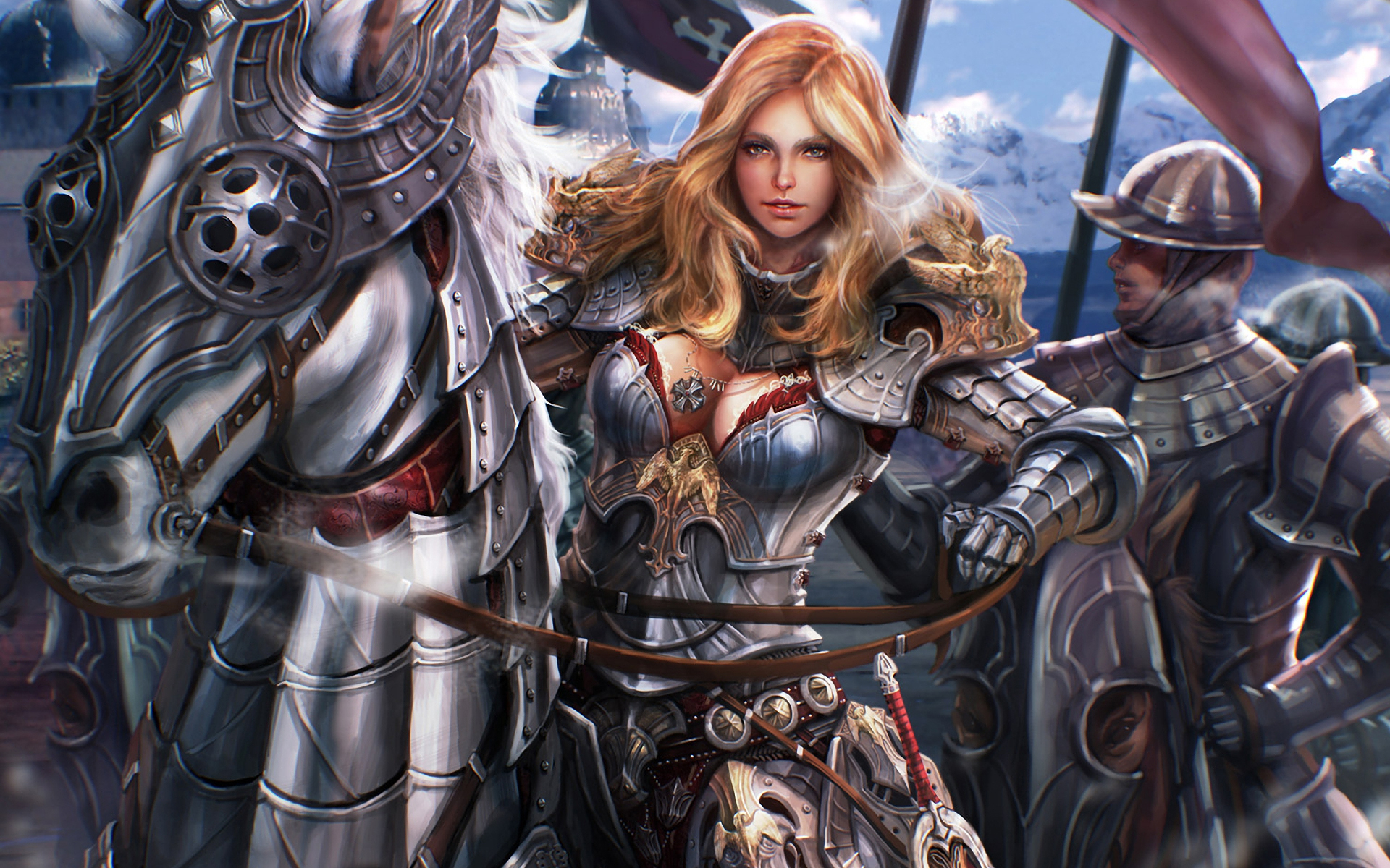 Female knight on horseback with soldiers HD Wallpaper