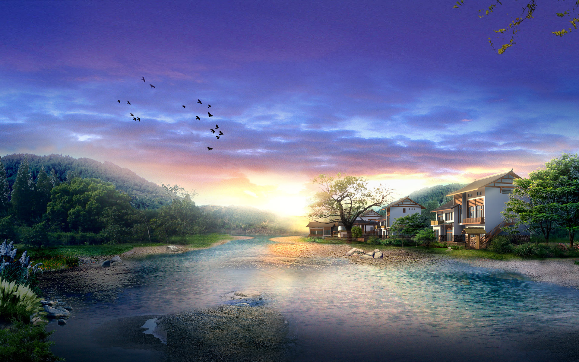 River landscape with houses and birds at sunset HD Wallpaper