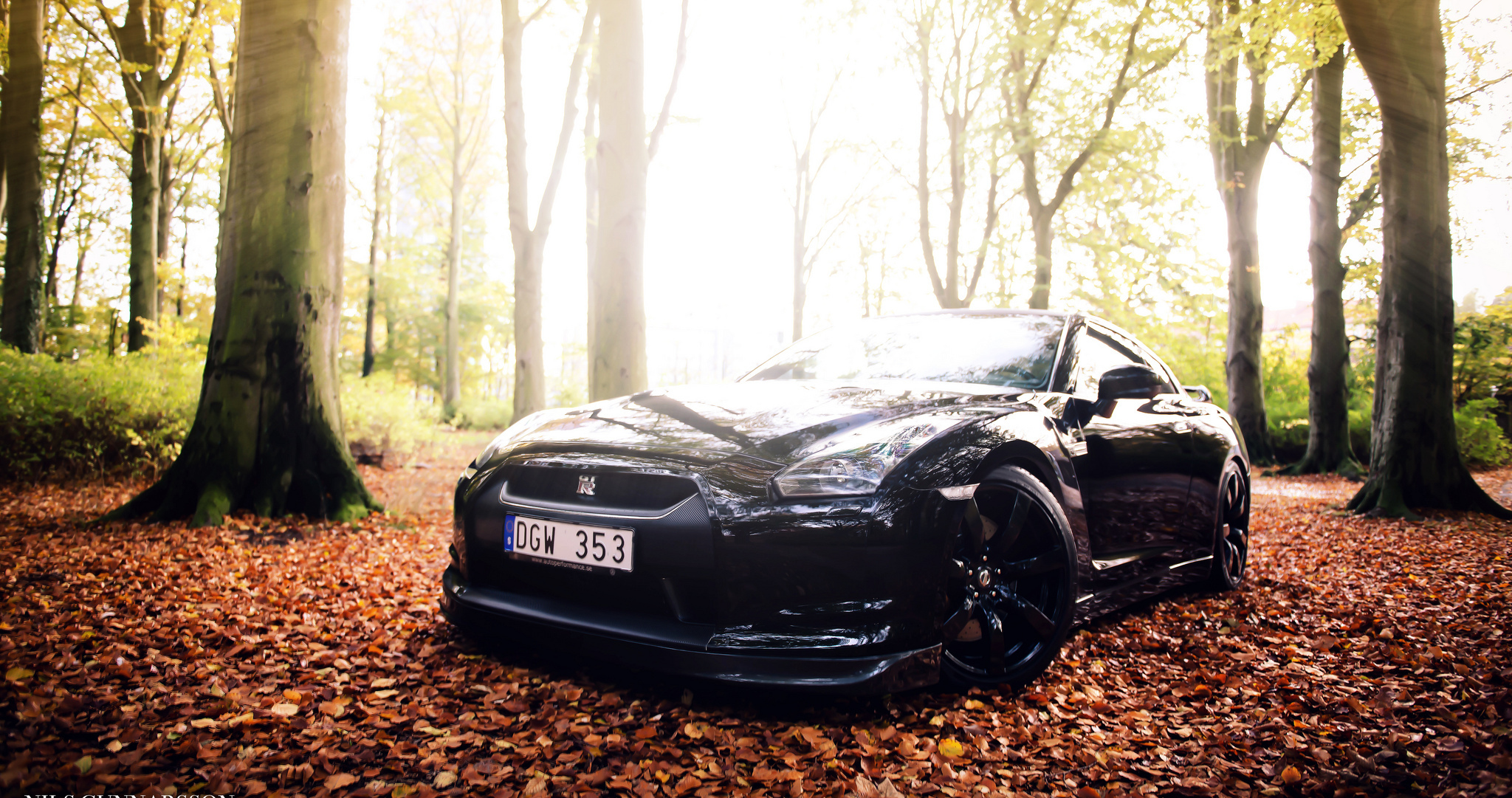 Black Nissan GT-R in Autumn Forest HD Wallpaper