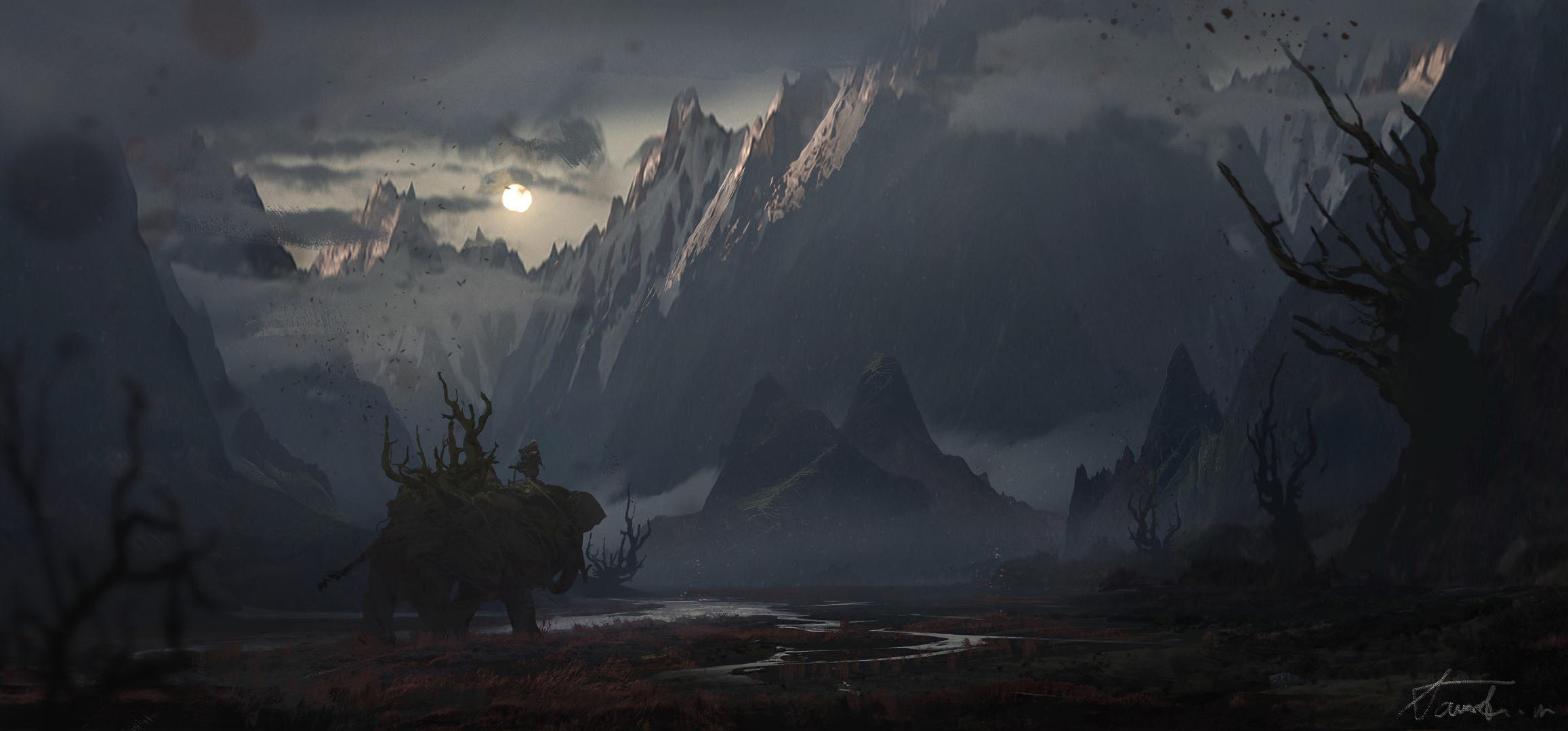 Elephant with rider in a misty mountain landscape HD Wallpaper