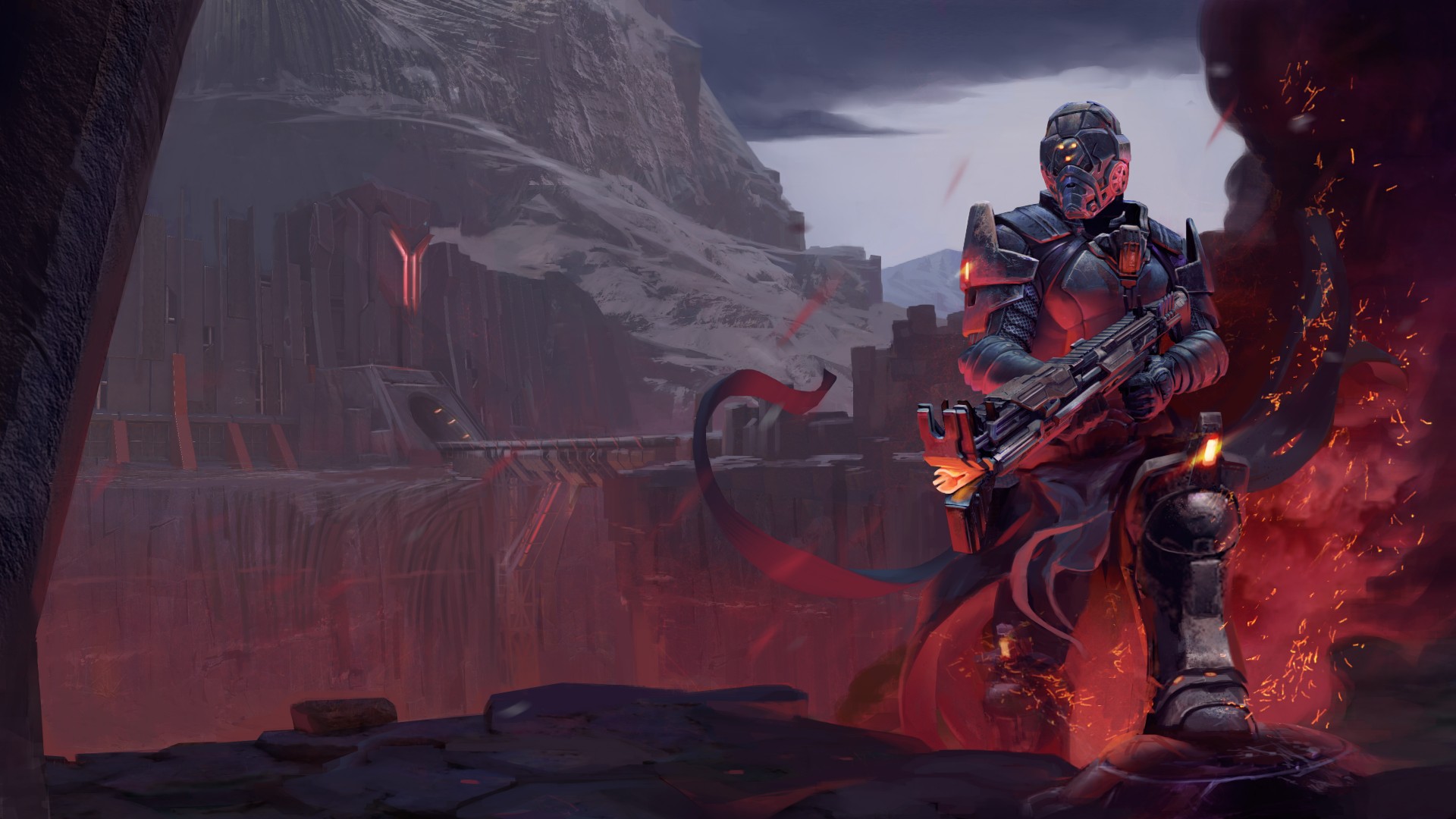 Sci Fi Soldier in a Fiery Landscape HD Wallpaper