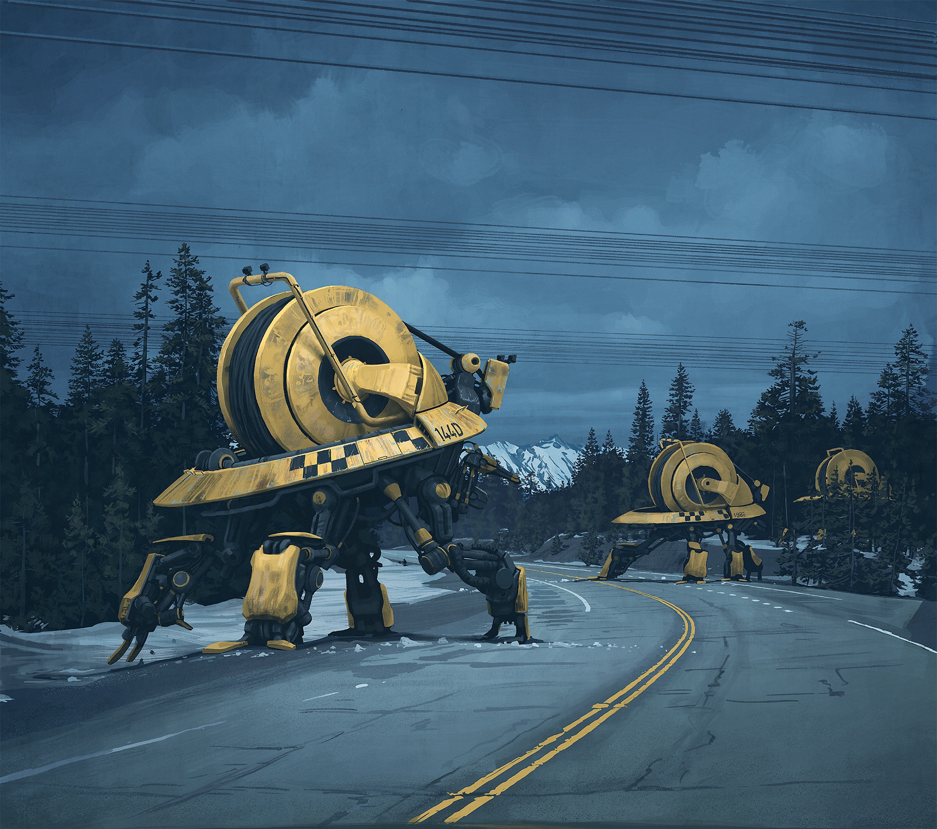 Futuristic robots on a snowy road HD Wallpaper
