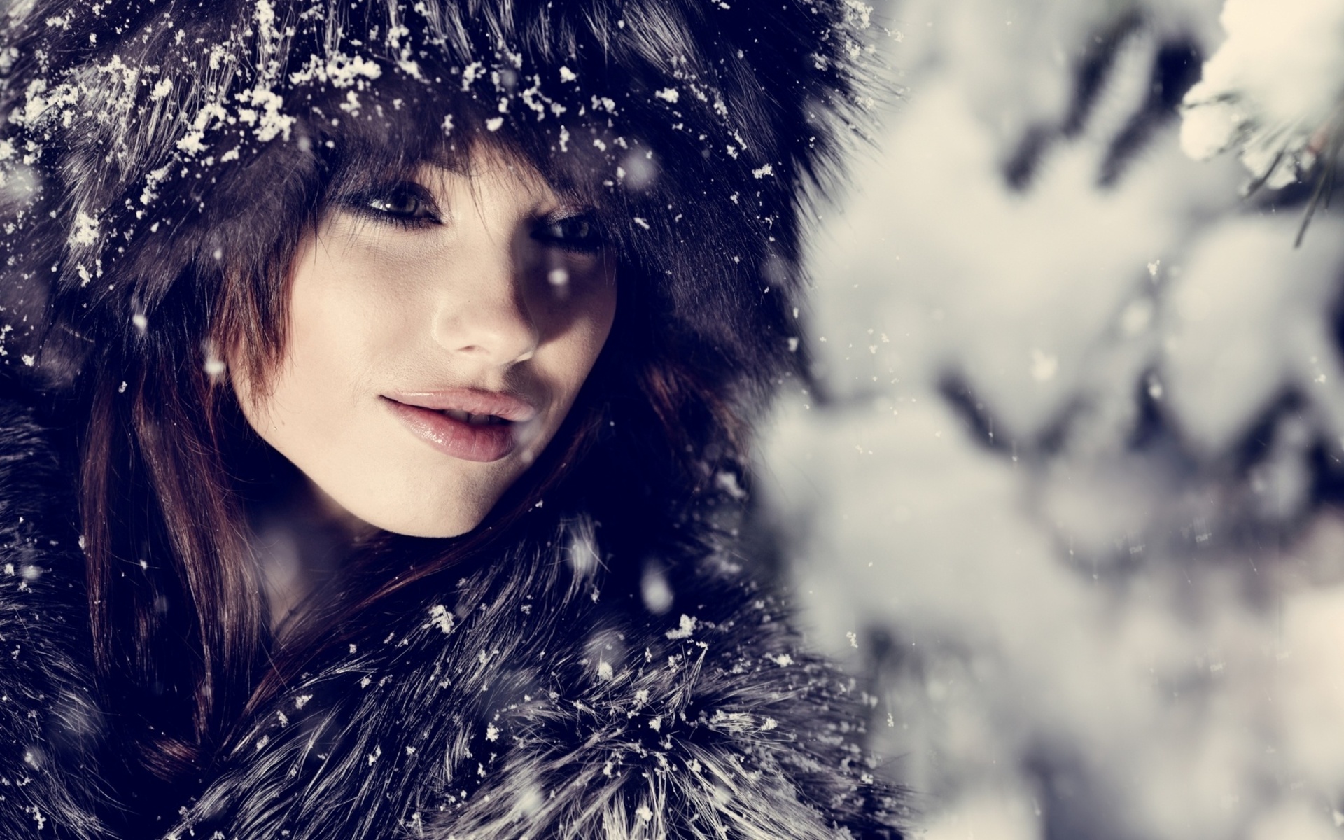 Woman in fur hat and coat in snow HD Wallpaper