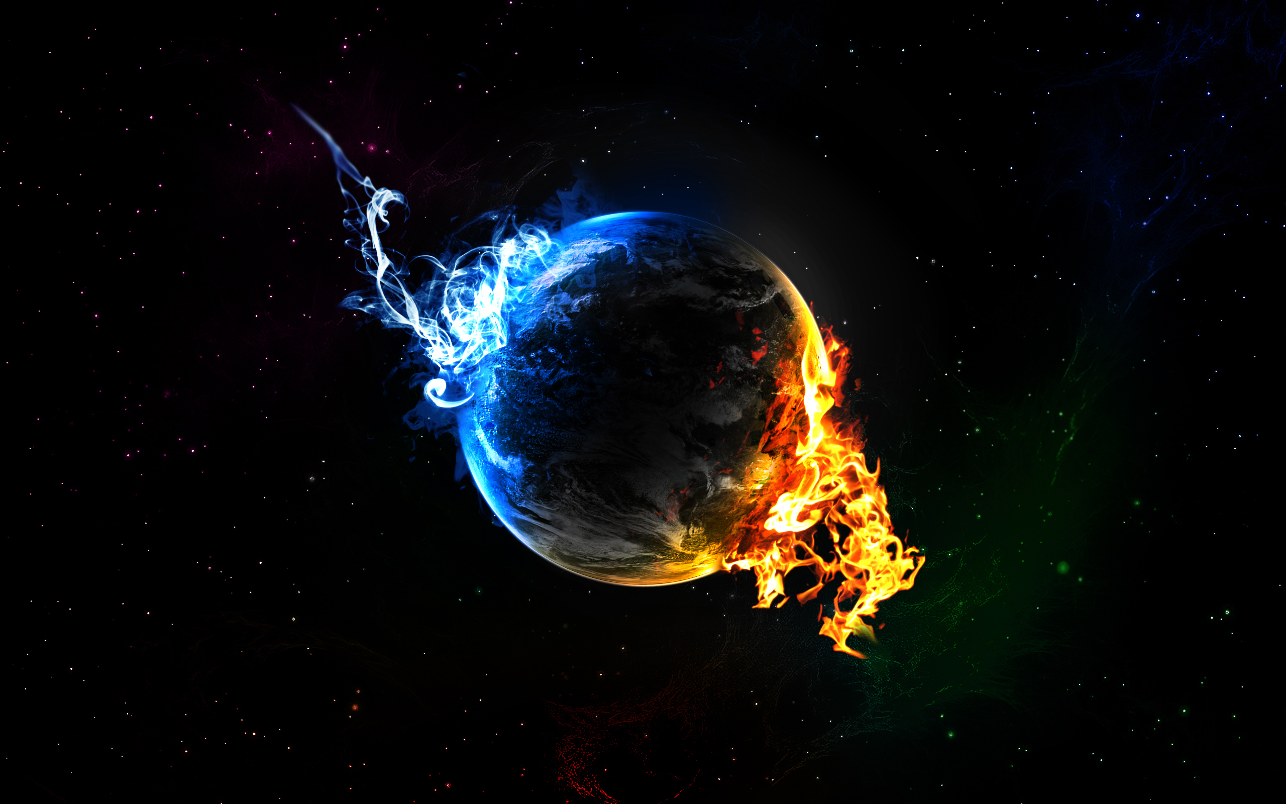 Earth in space with fire and ice HD Wallpaper