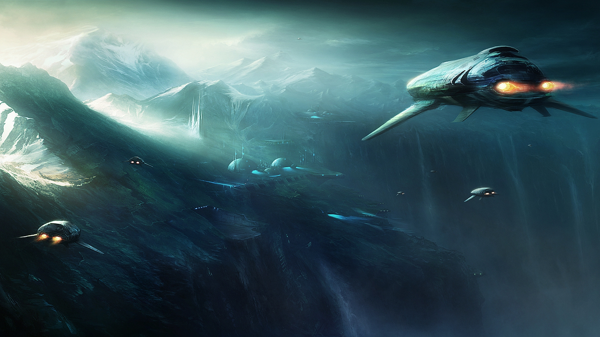 Sci Fi Ships Flying Over Alien Mountains HD Wallpaper