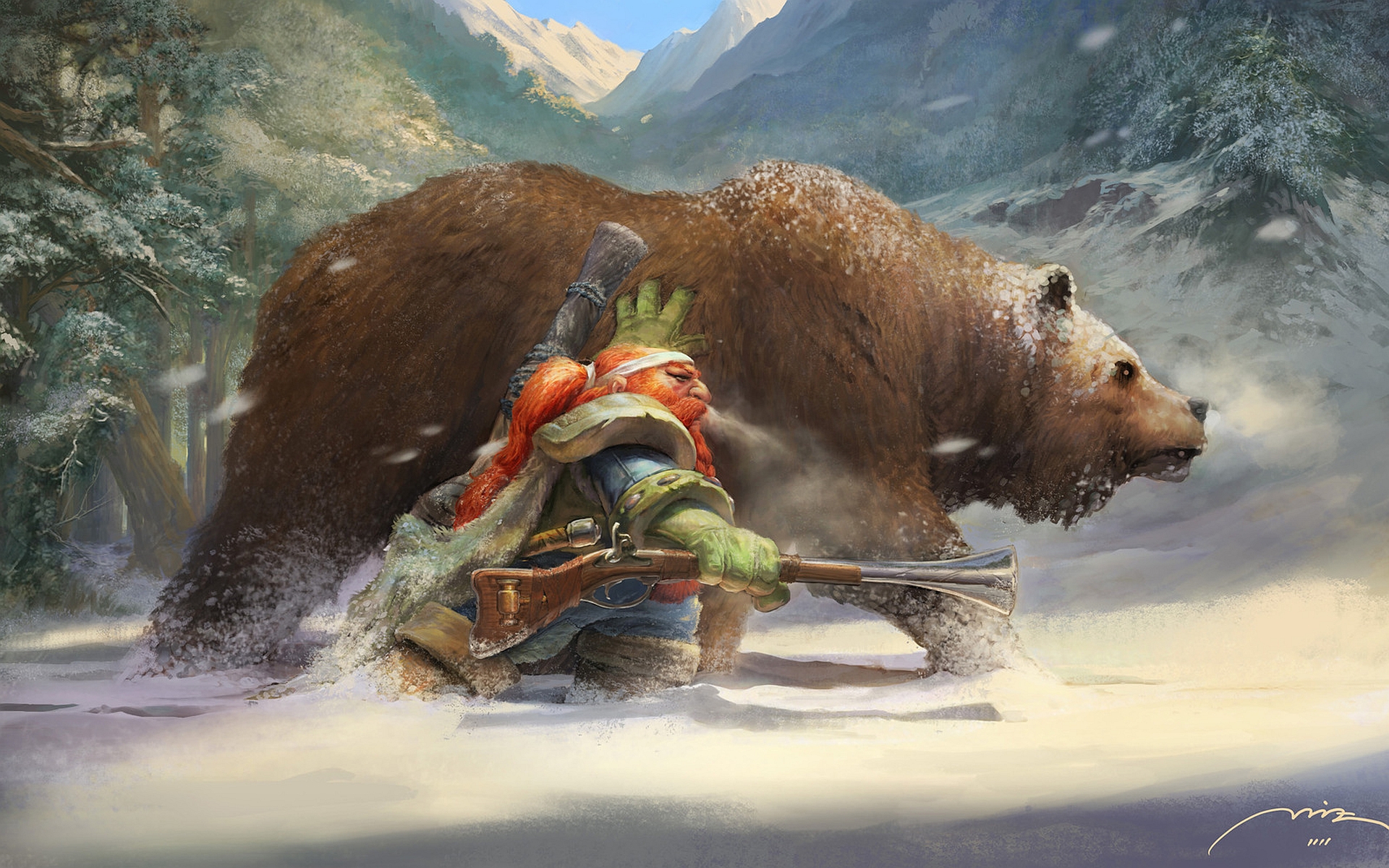 Dwarf hunter and bear in snowy forest from World of Warcraft HD Wallpaper