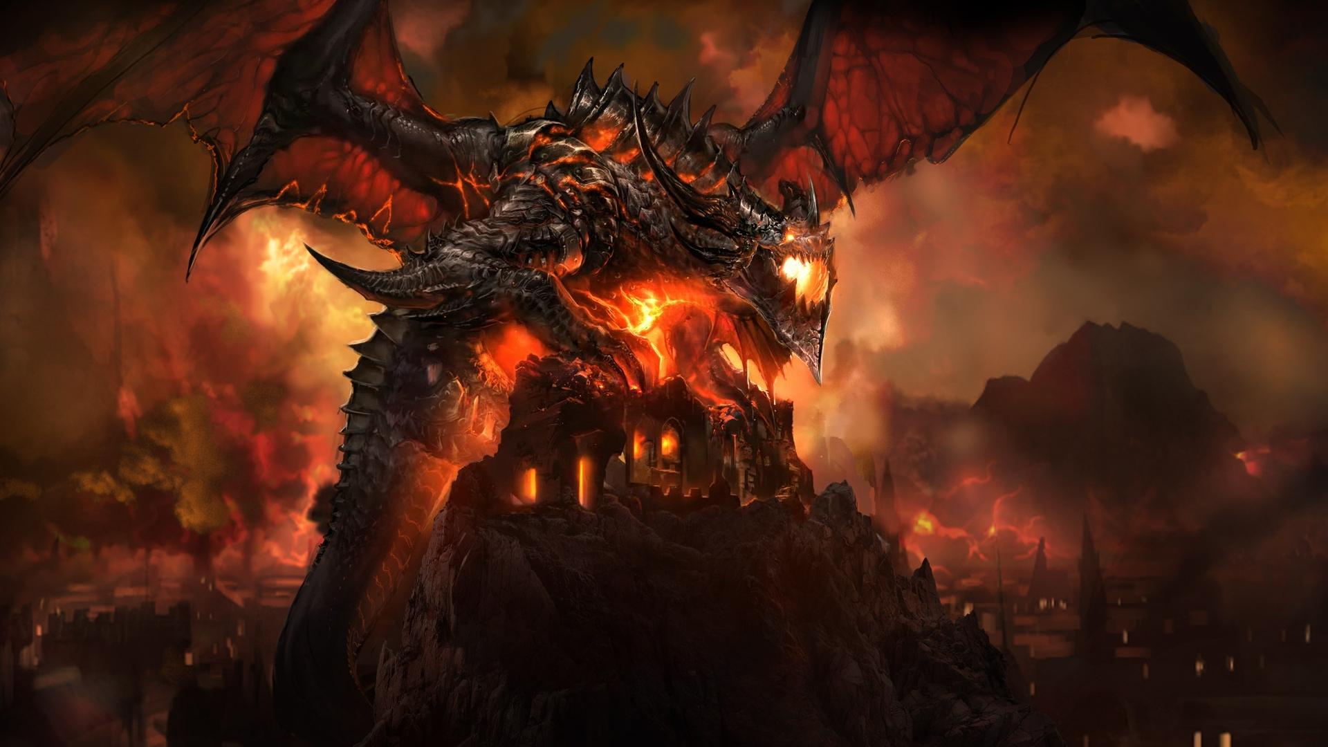 Dragon over a fiery castle HD Wallpaper