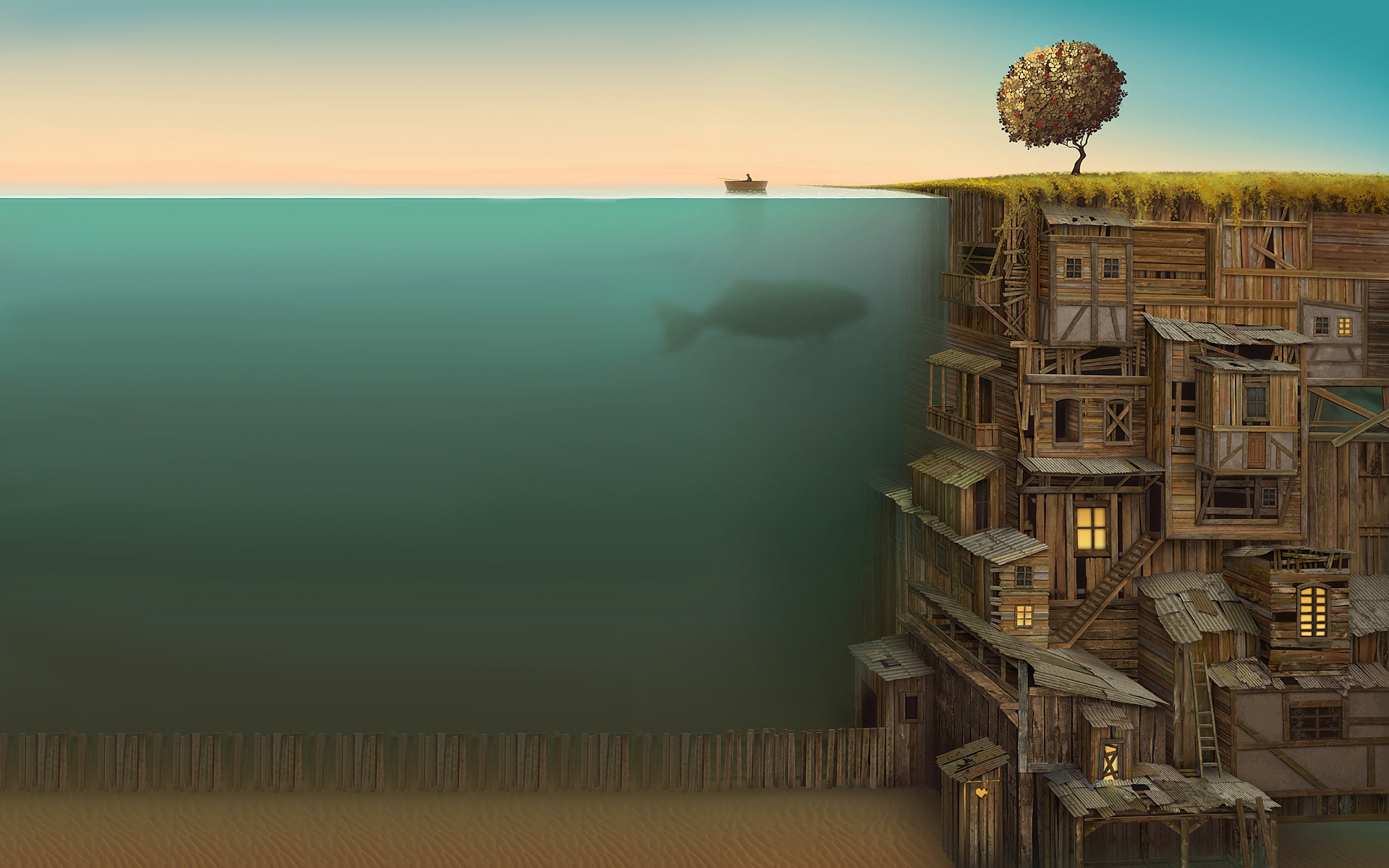 Surreal cliffside village with whale and boat HD Wallpaper