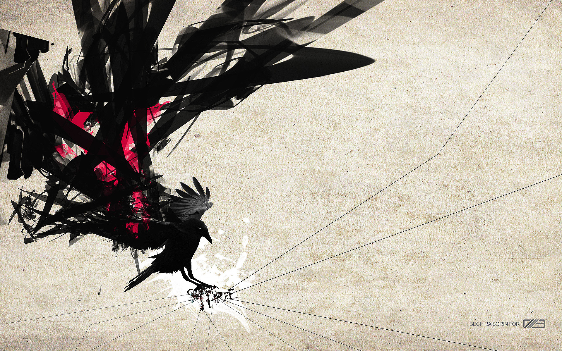 Abstract Black and Red Shapes with a Crow HD Wallpaper