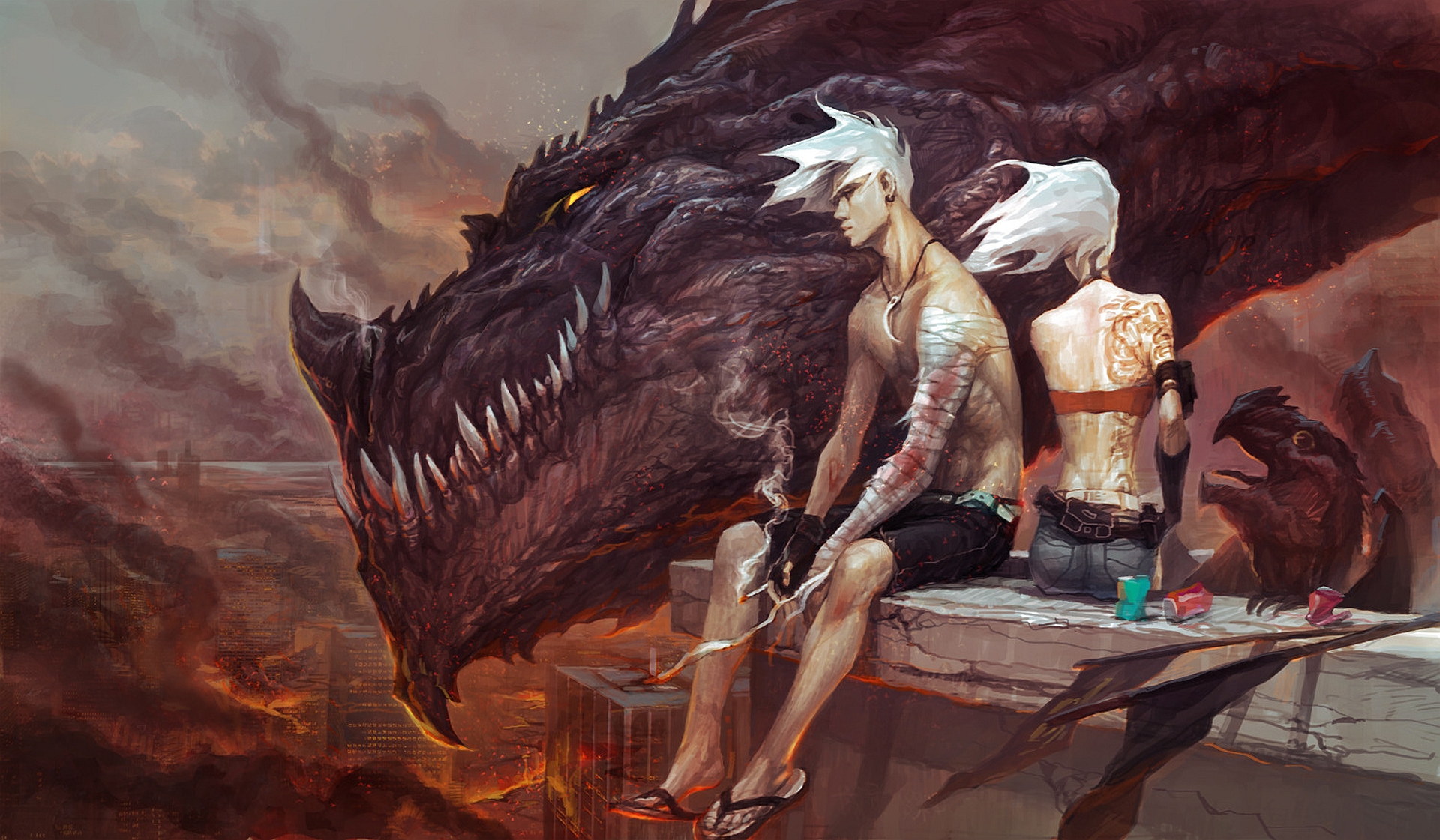 Dragon and two people sitting on a ledge overlooking a burning city HD Wallpaper