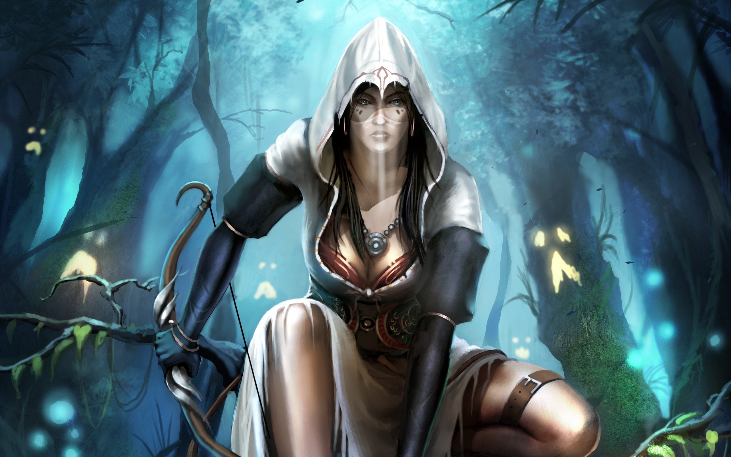 Assassin Warrior with Bow in Enchanted Forest HD Wallpaper