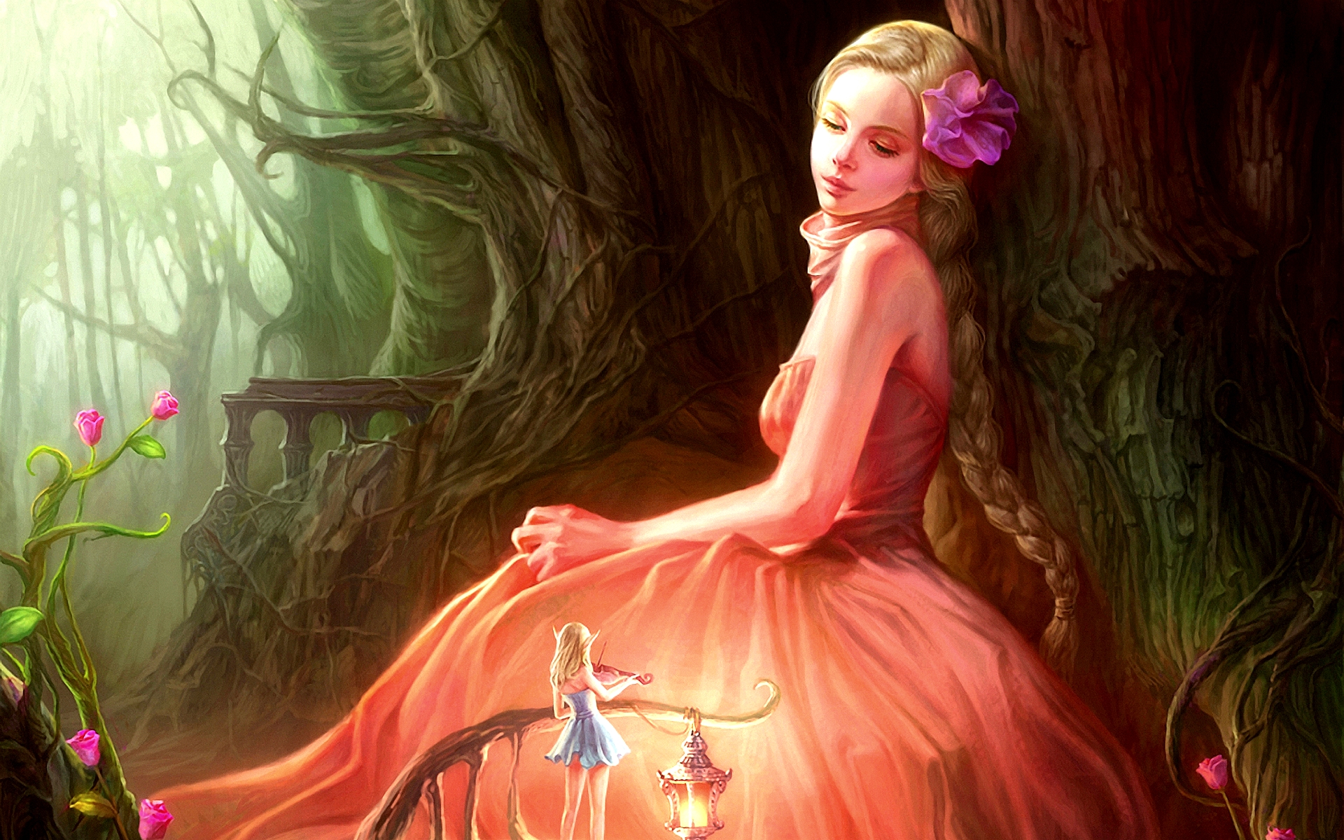 Fantasy forest with a woman and a fairy playing violin HD Wallpaper