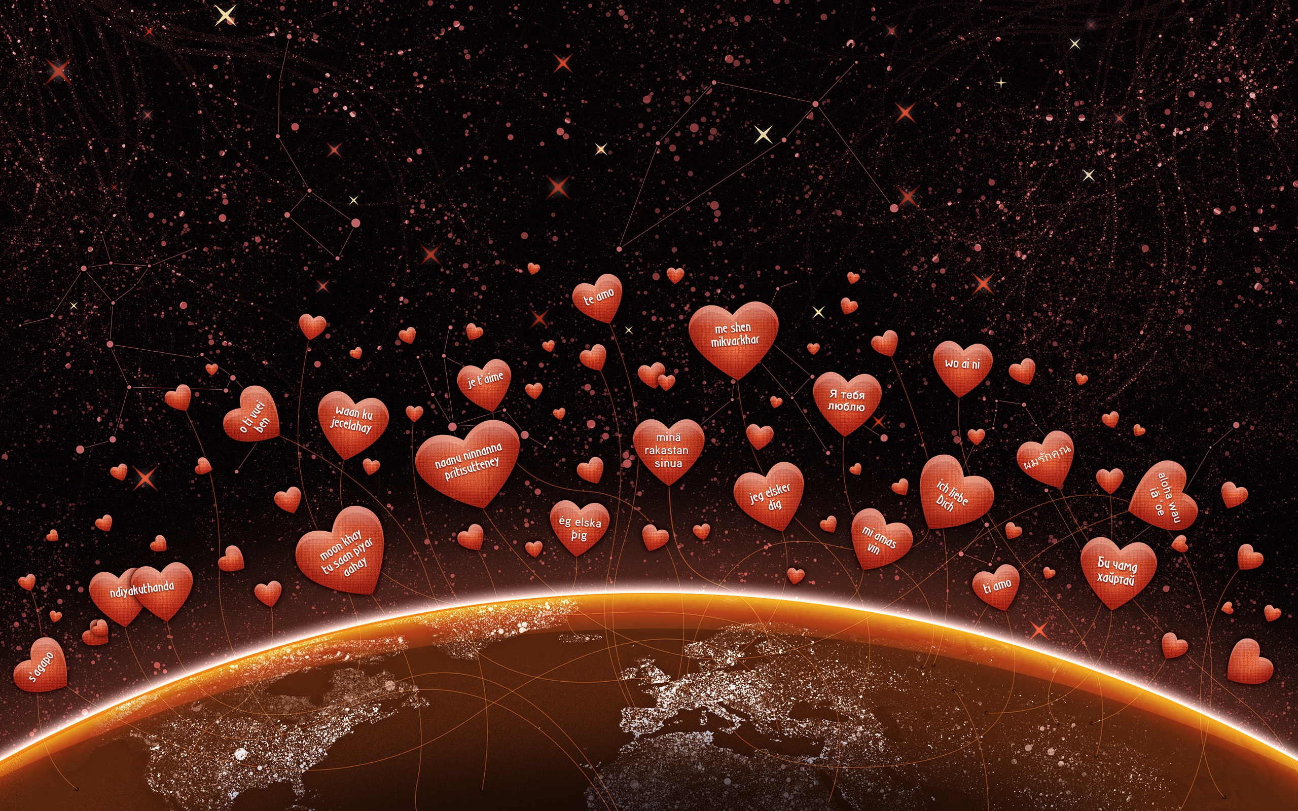 Hearts with 'I love you' in different languages over Earth HD Wallpaper