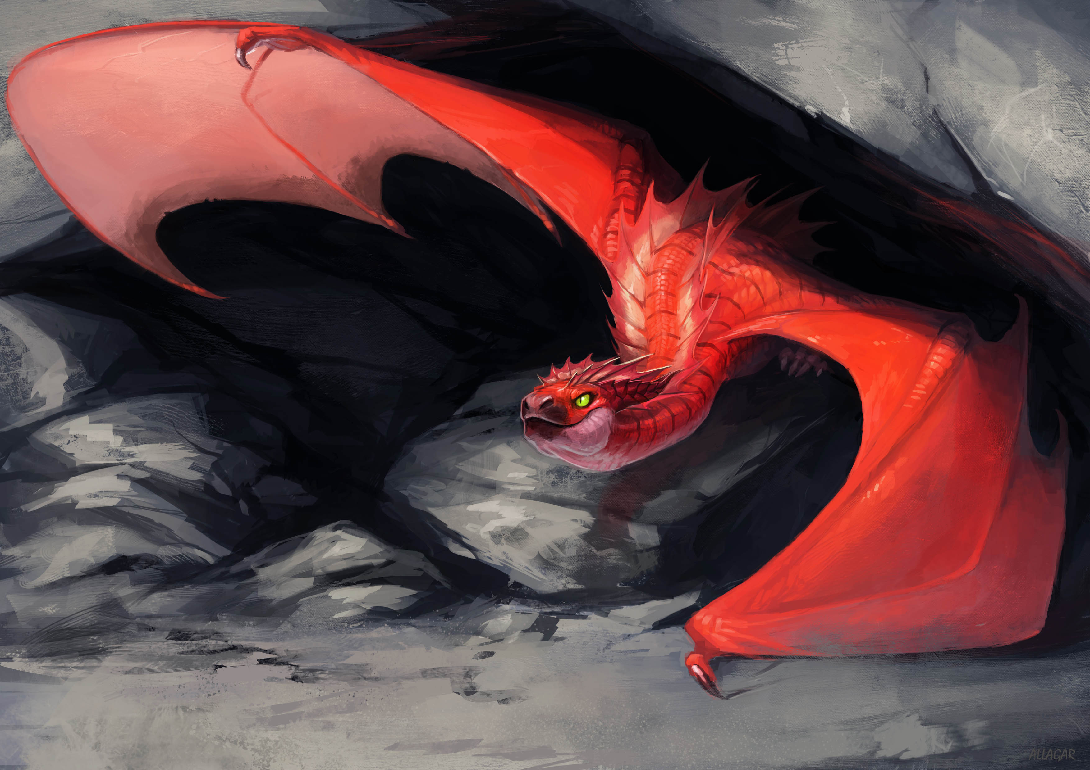 Red Dragon Emerging from a Cave HD Wallpaper