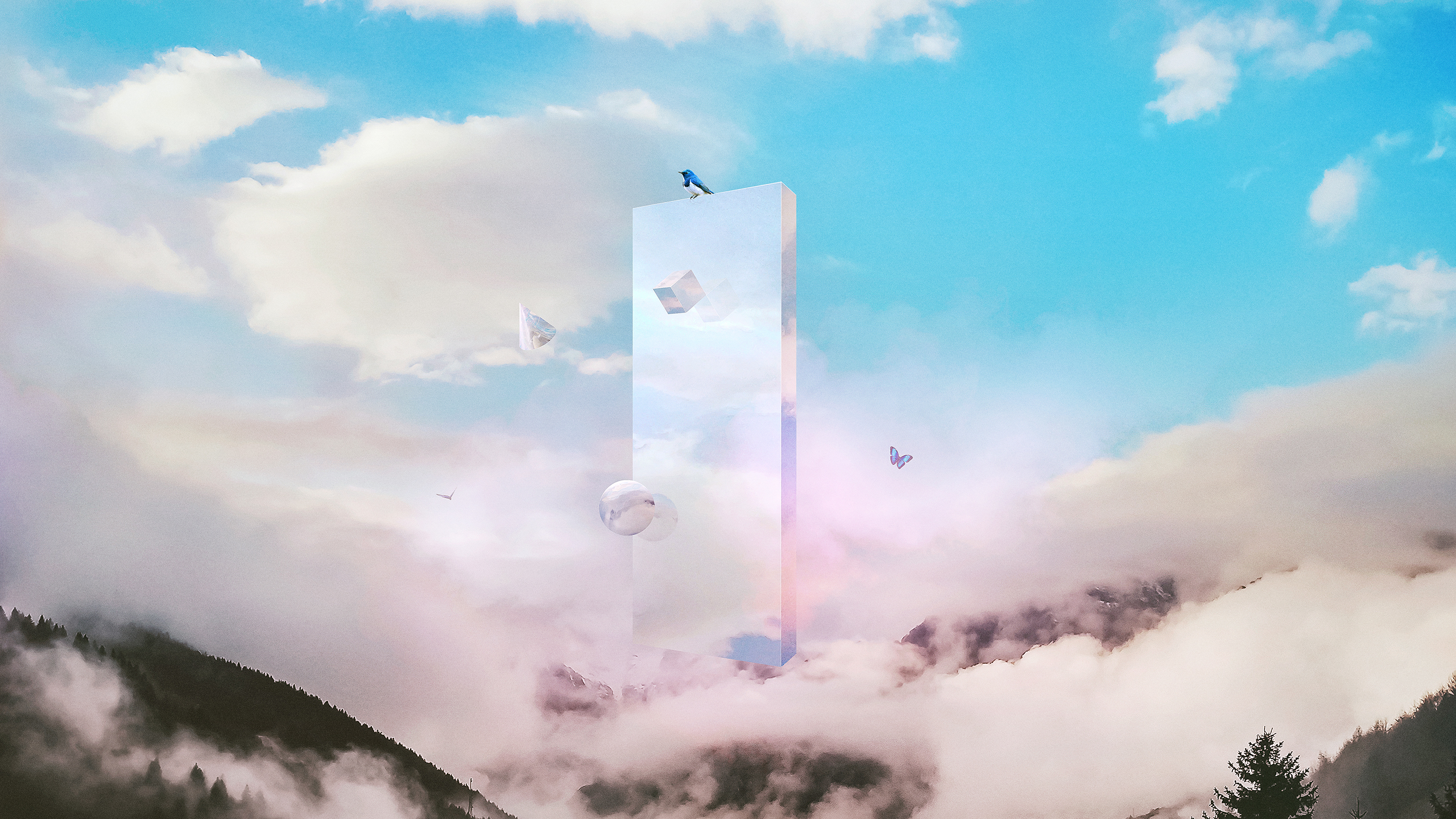 Surreal sky with floating objects and mountains HD Wallpaper