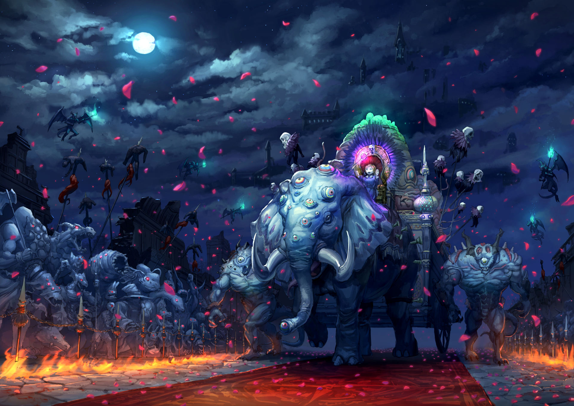 Giant elephant with a throne and demonic army at night HD Wallpaper