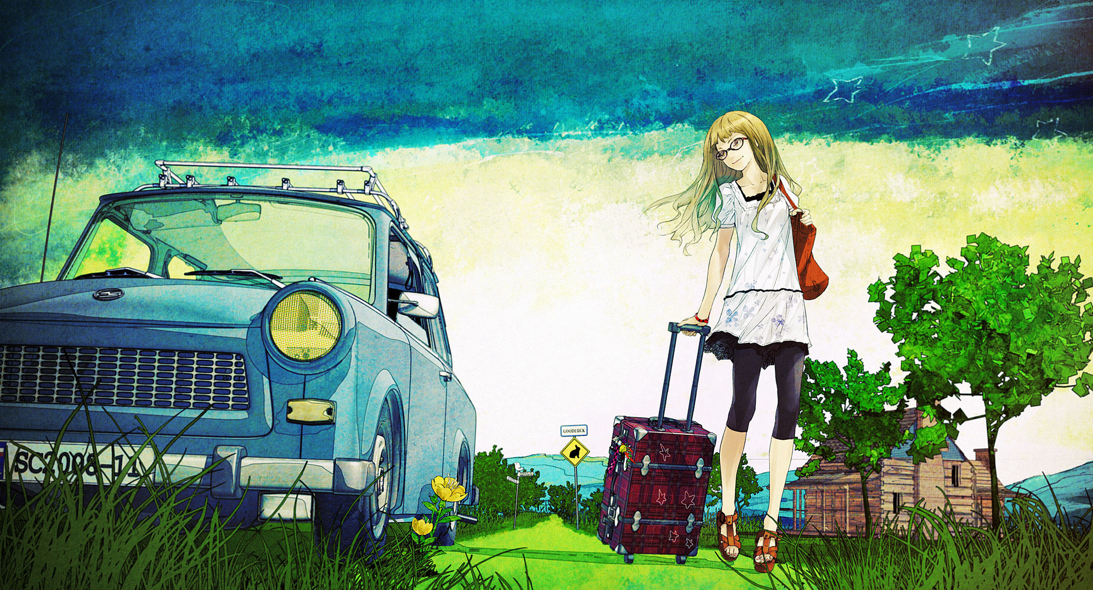 Girl with suitcase and vintage car on road HD Wallpaper