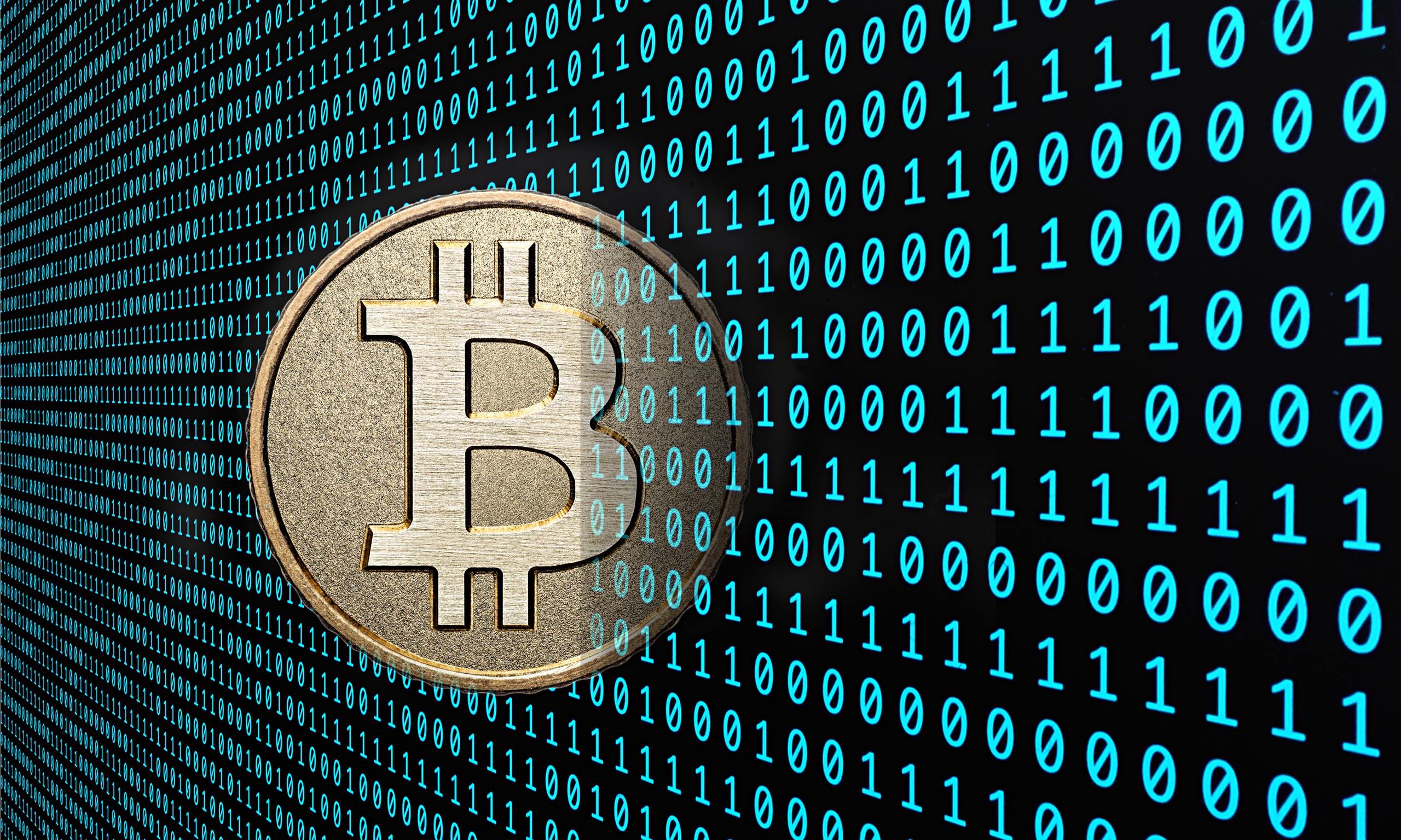 Bitcoin coin on a background of binary code HD Wallpaper