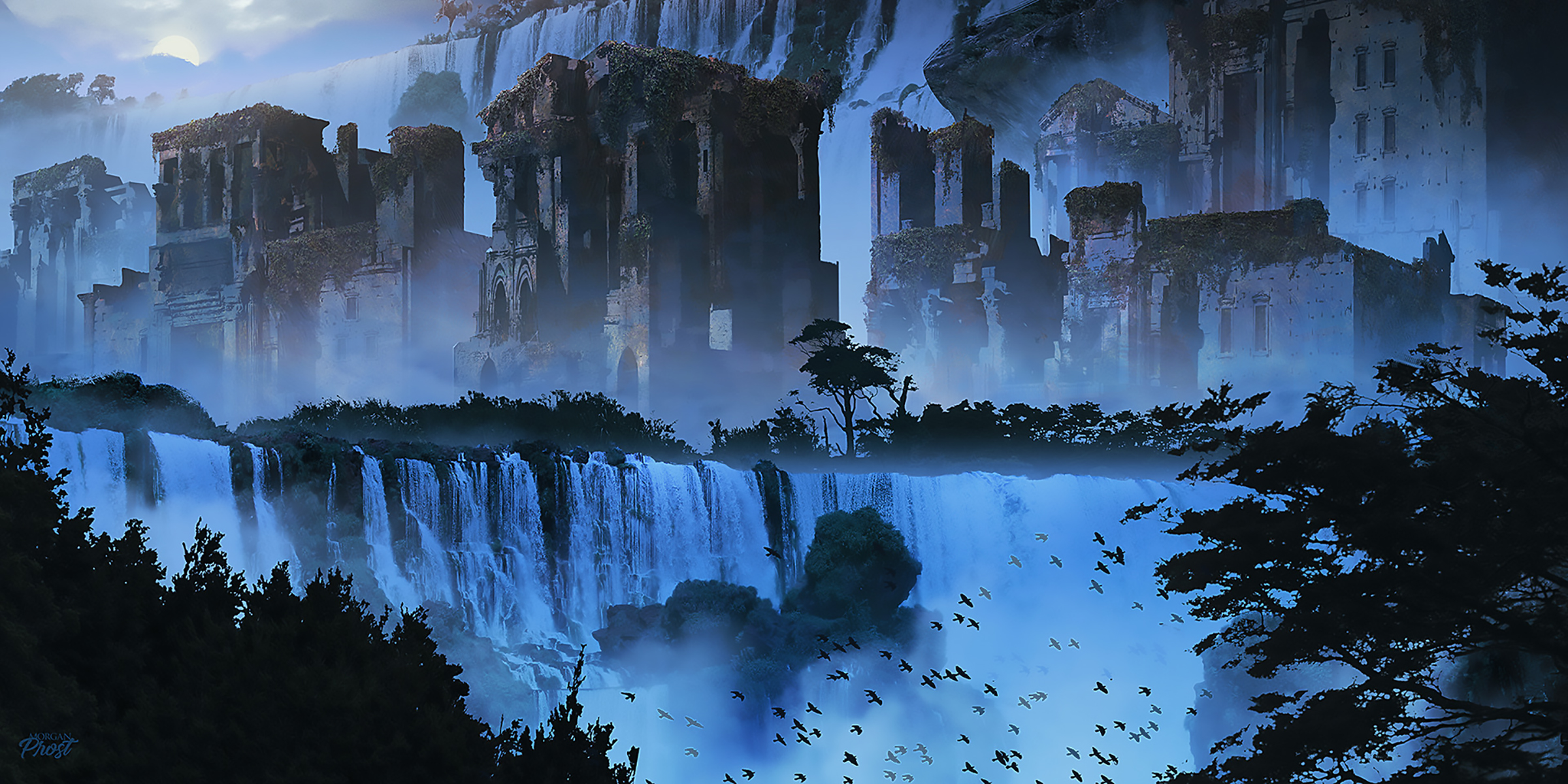 Ruined city with waterfalls and birds HD Wallpaper