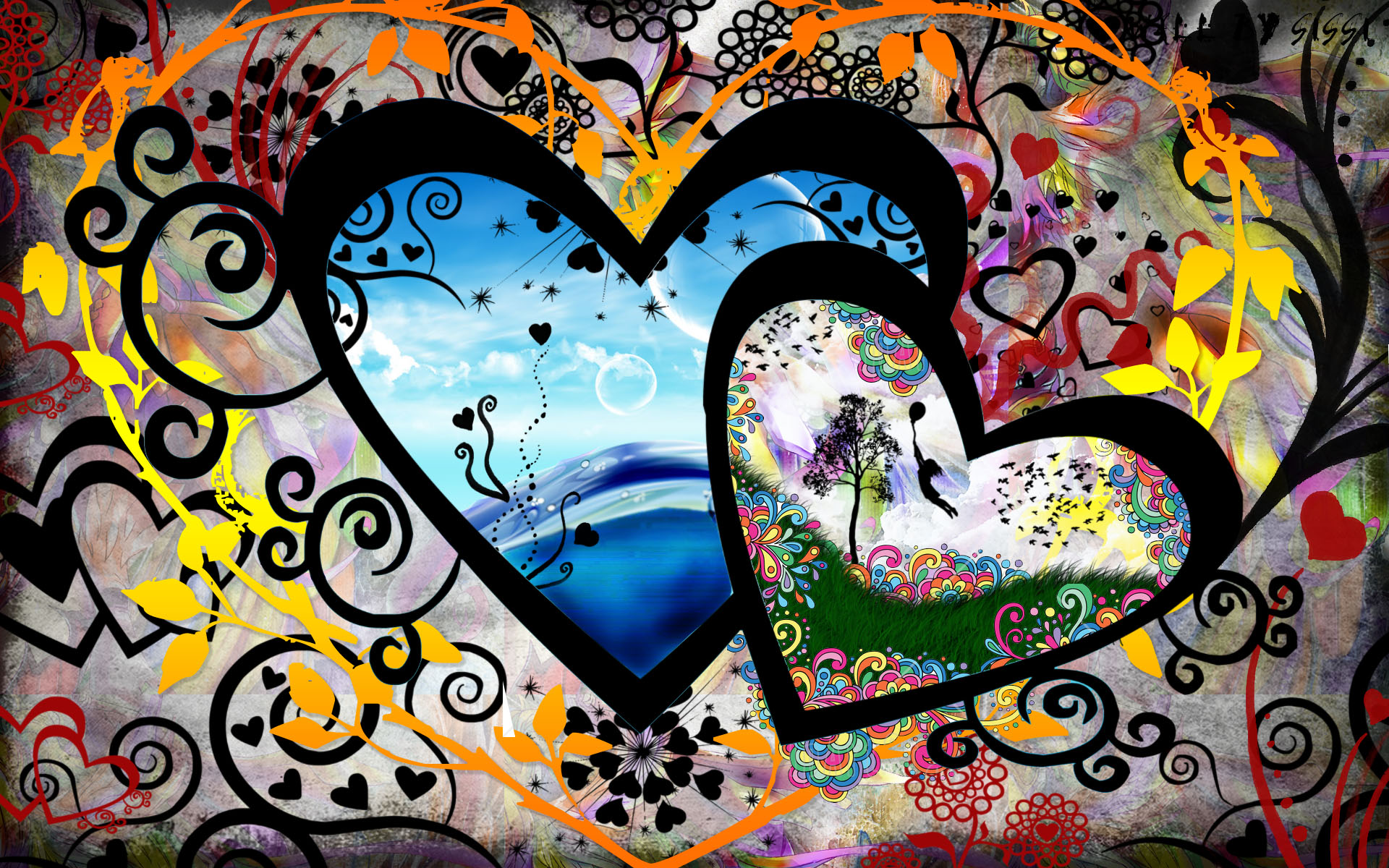 Abstract Colorful Hearts with Nature Scenes HD Wallpaper