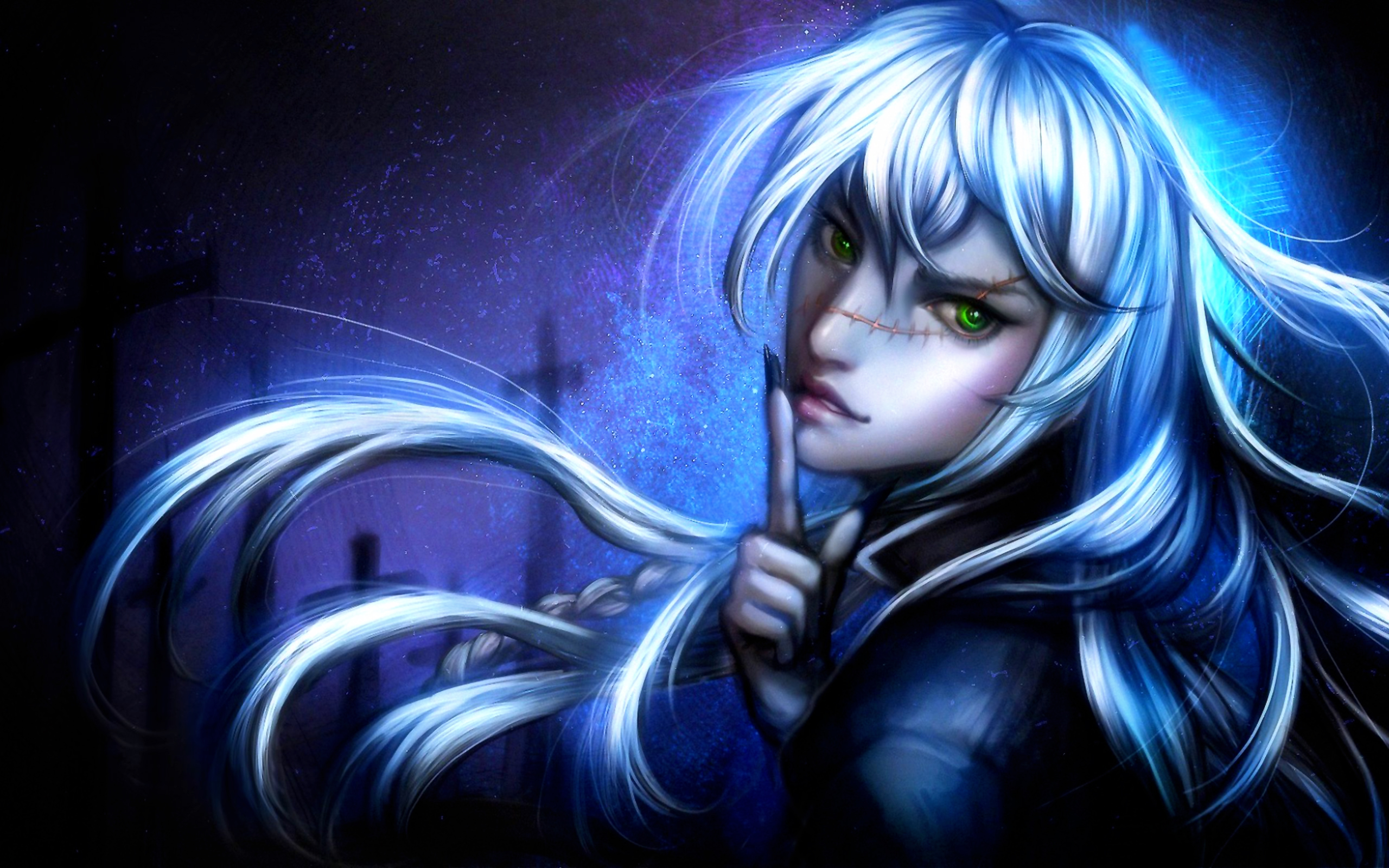 Anime girl with stitches and green eyes HD Wallpaper
