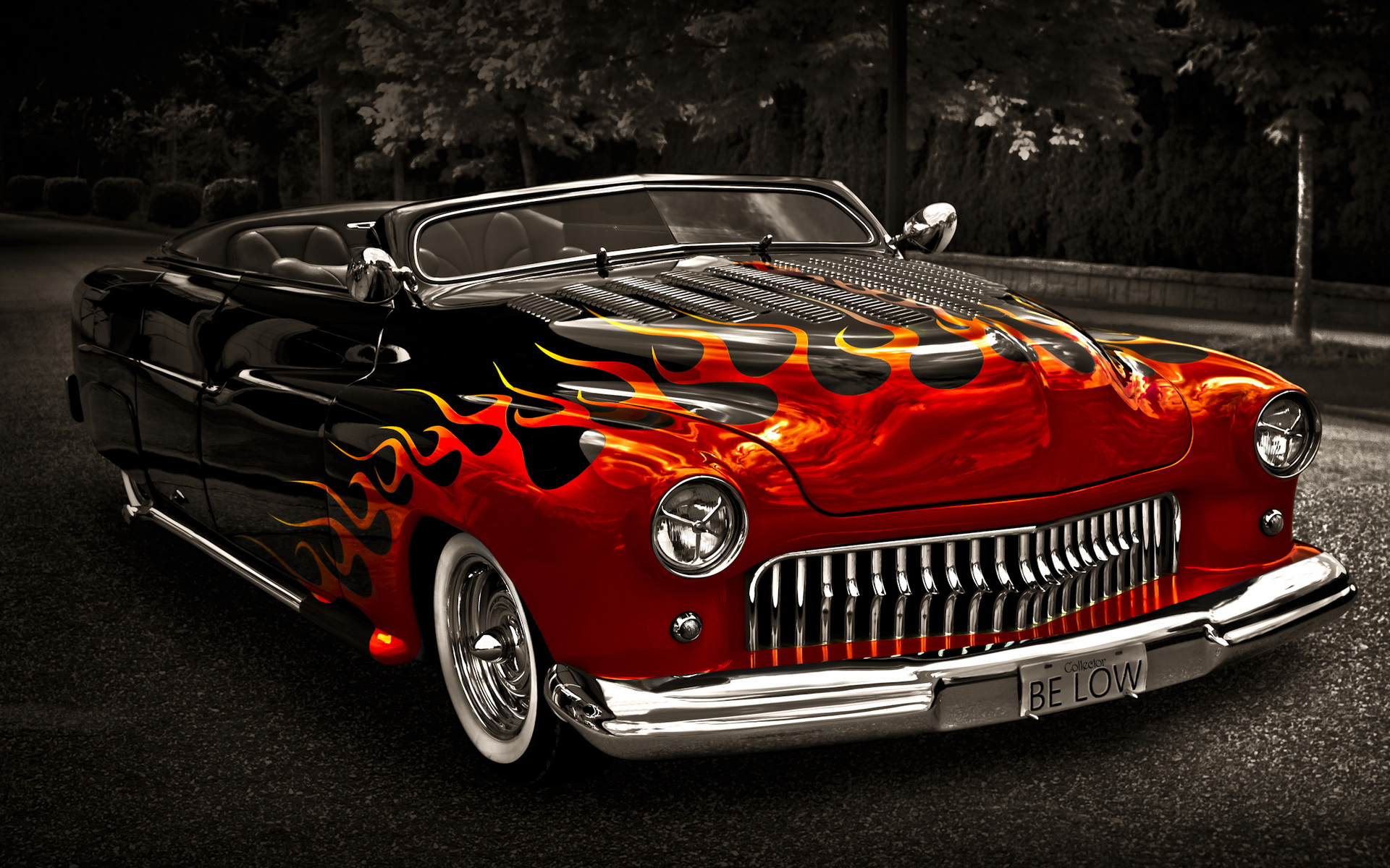 Red and black Mercury convertible with flame decals HD Wallpaper