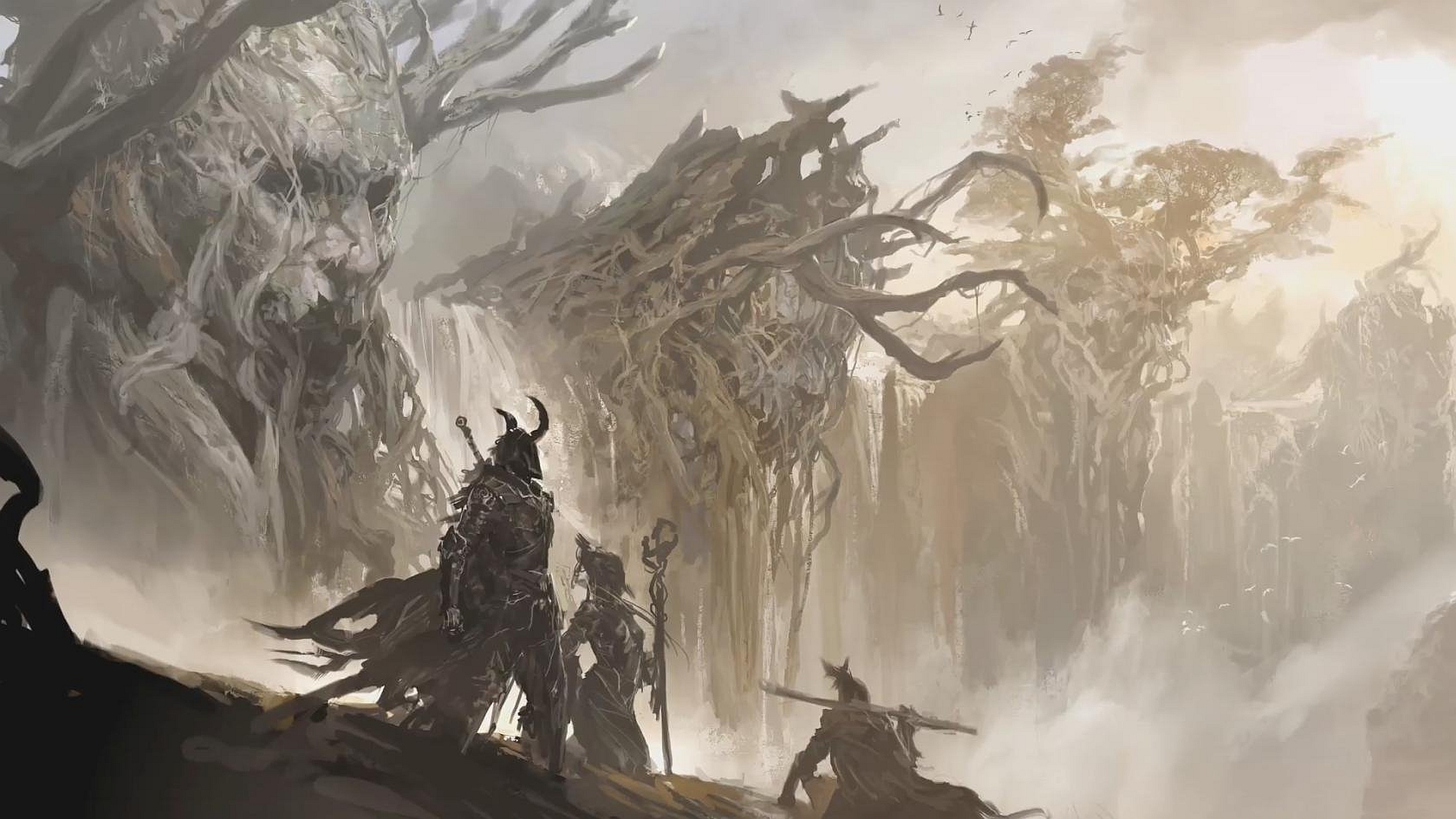 Warriors in a mystical forest with giant trees HD Wallpaper