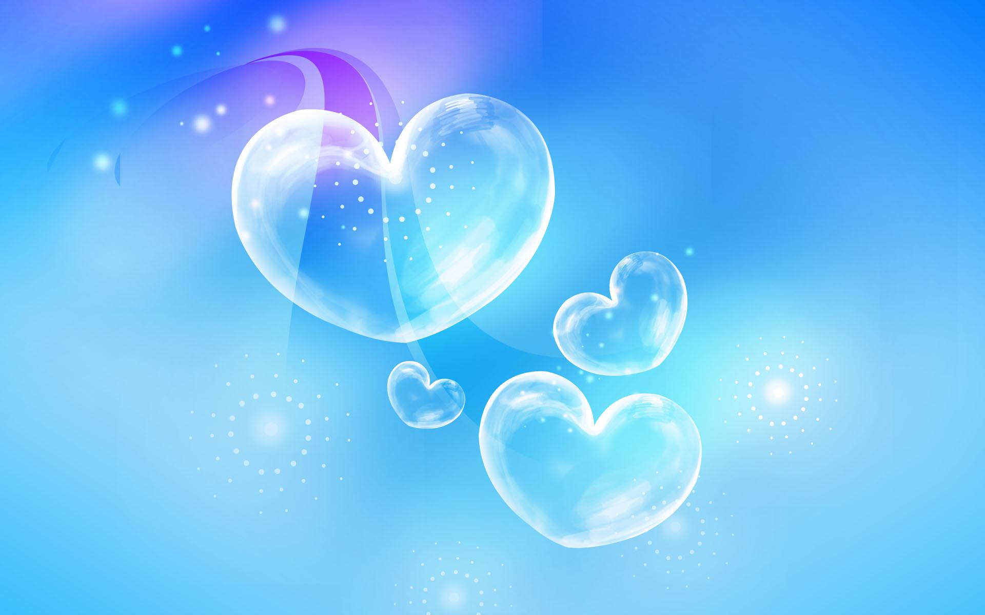 Four translucent hearts floating on a blue background HD Wallpaper