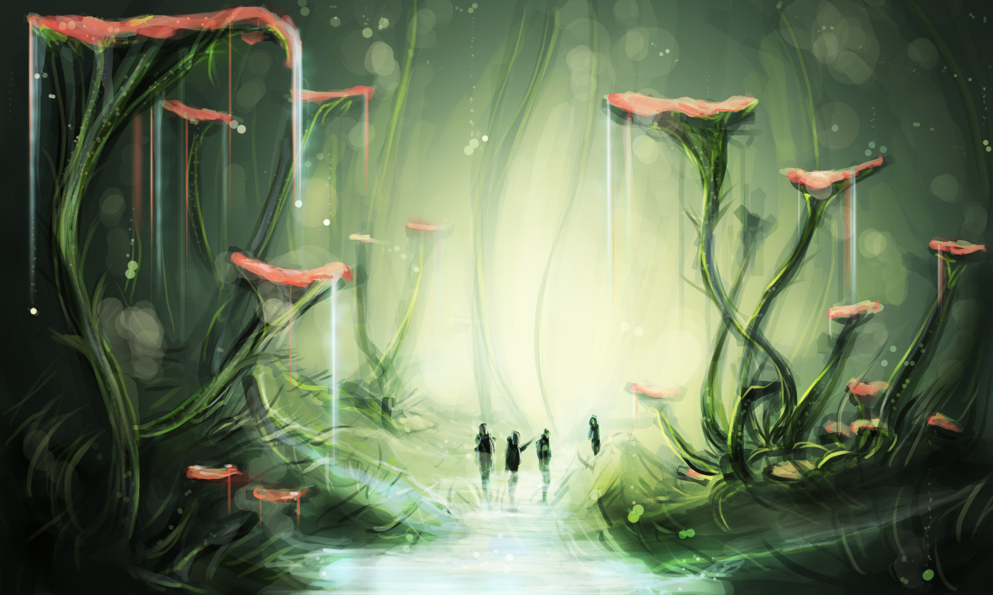 Fantasy landscape with glowing plants and people HD Wallpaper