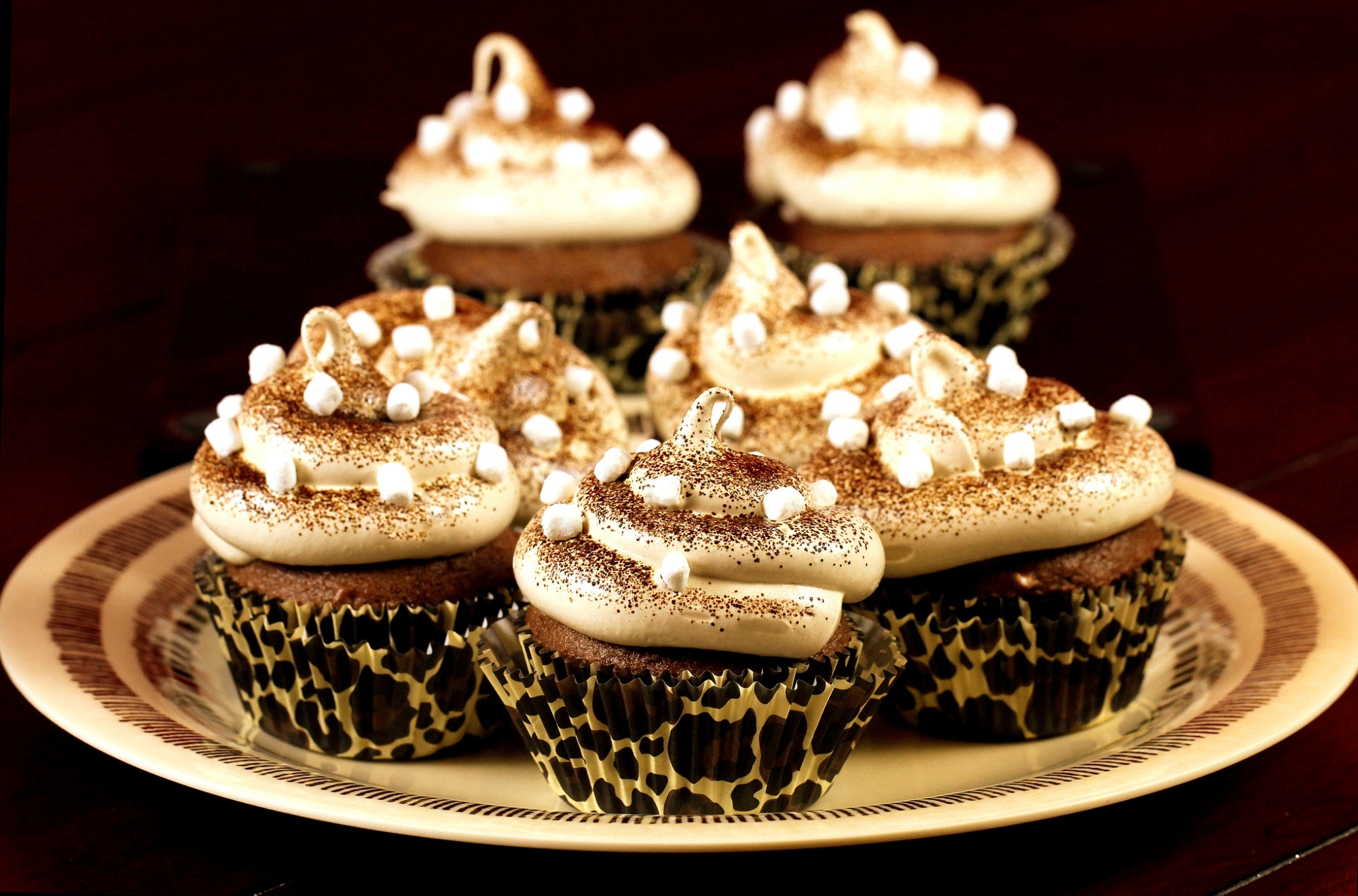 Chocolate cupcakes with marshmallow frosting and cocoa powder HD Wallpaper