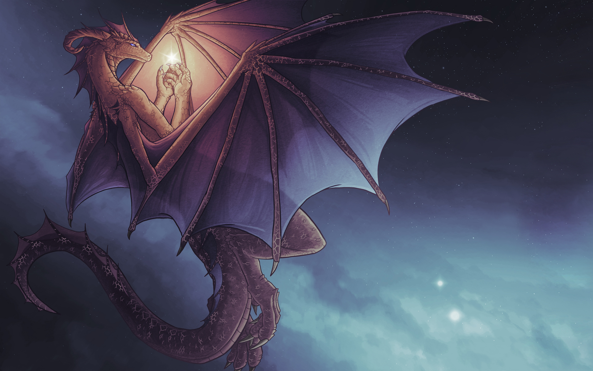 Dragon holding a glowing star in the night sky HD Wallpaper