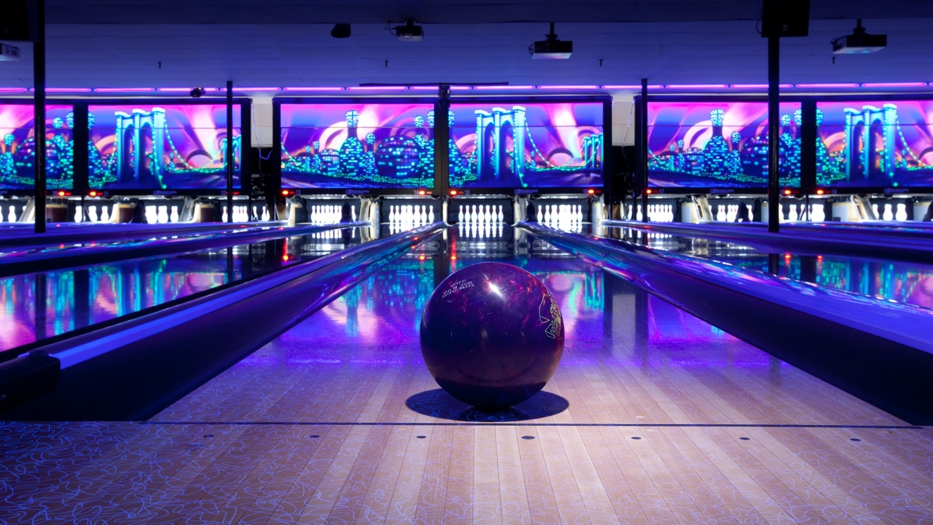 Bowling alley with purple lights and city graphics HD Wallpaper