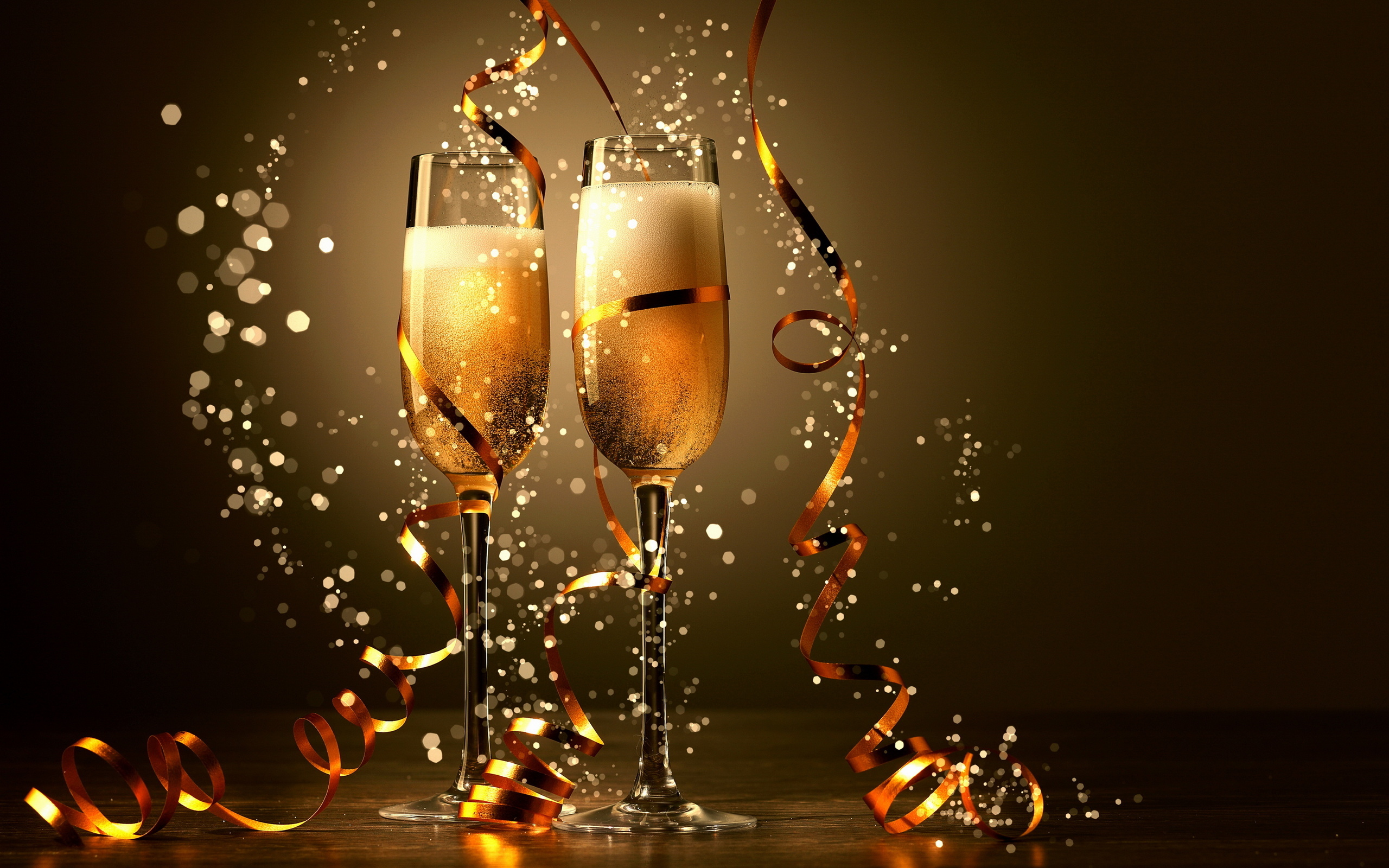 Champagne Glasses with Ribbons and Confetti HD Wallpaper