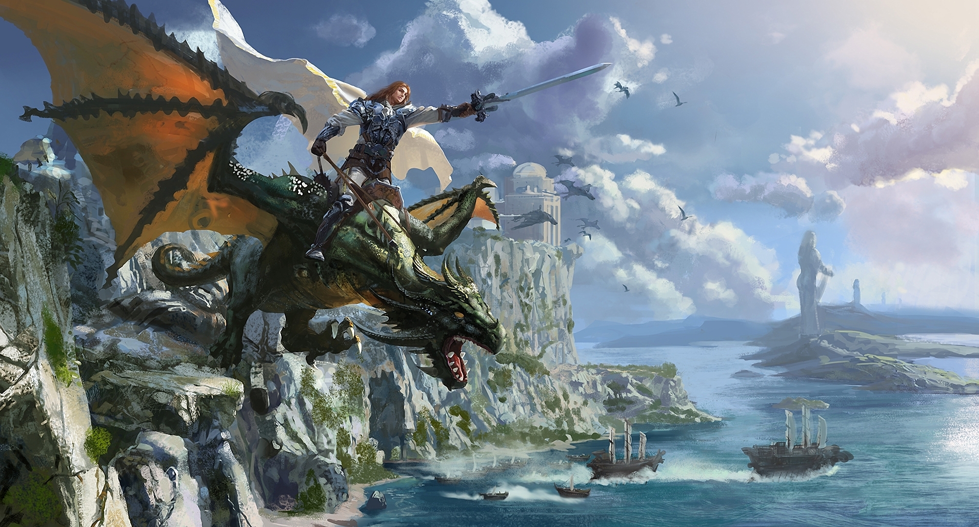 Fantasy knight riding a dragon over a coastal city HD Wallpaper