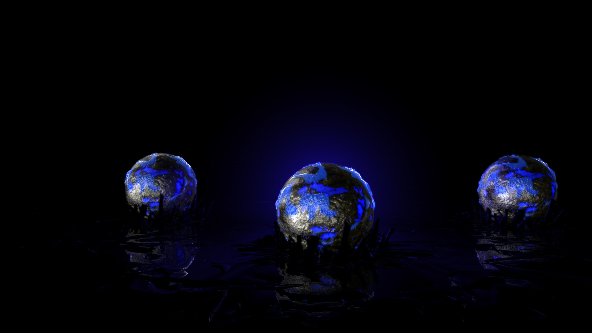 Three glowing orbs on a dark reflective surface HD Wallpaper