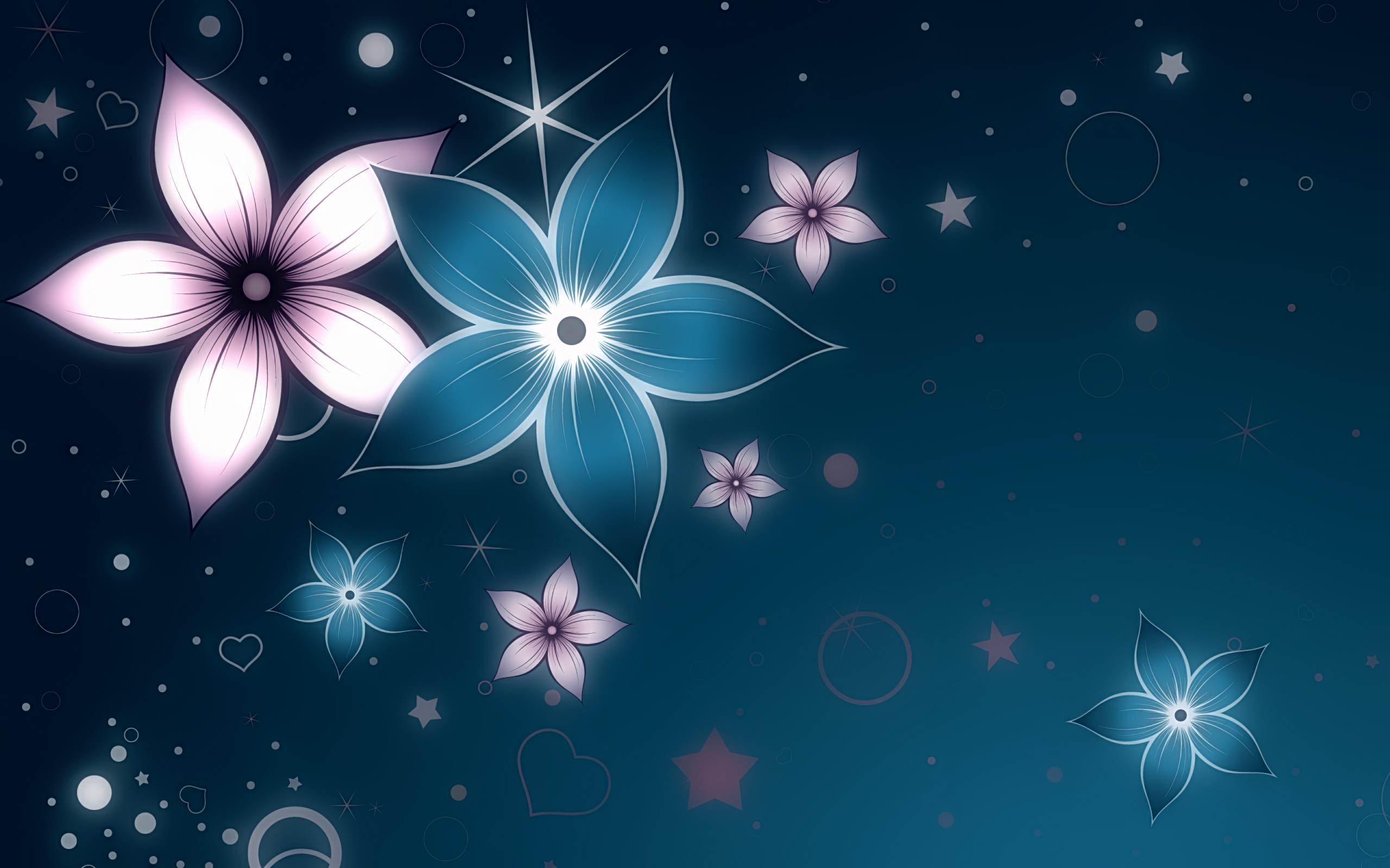 Abstract glowing flowers and stars on dark blue background HD Wallpaper
