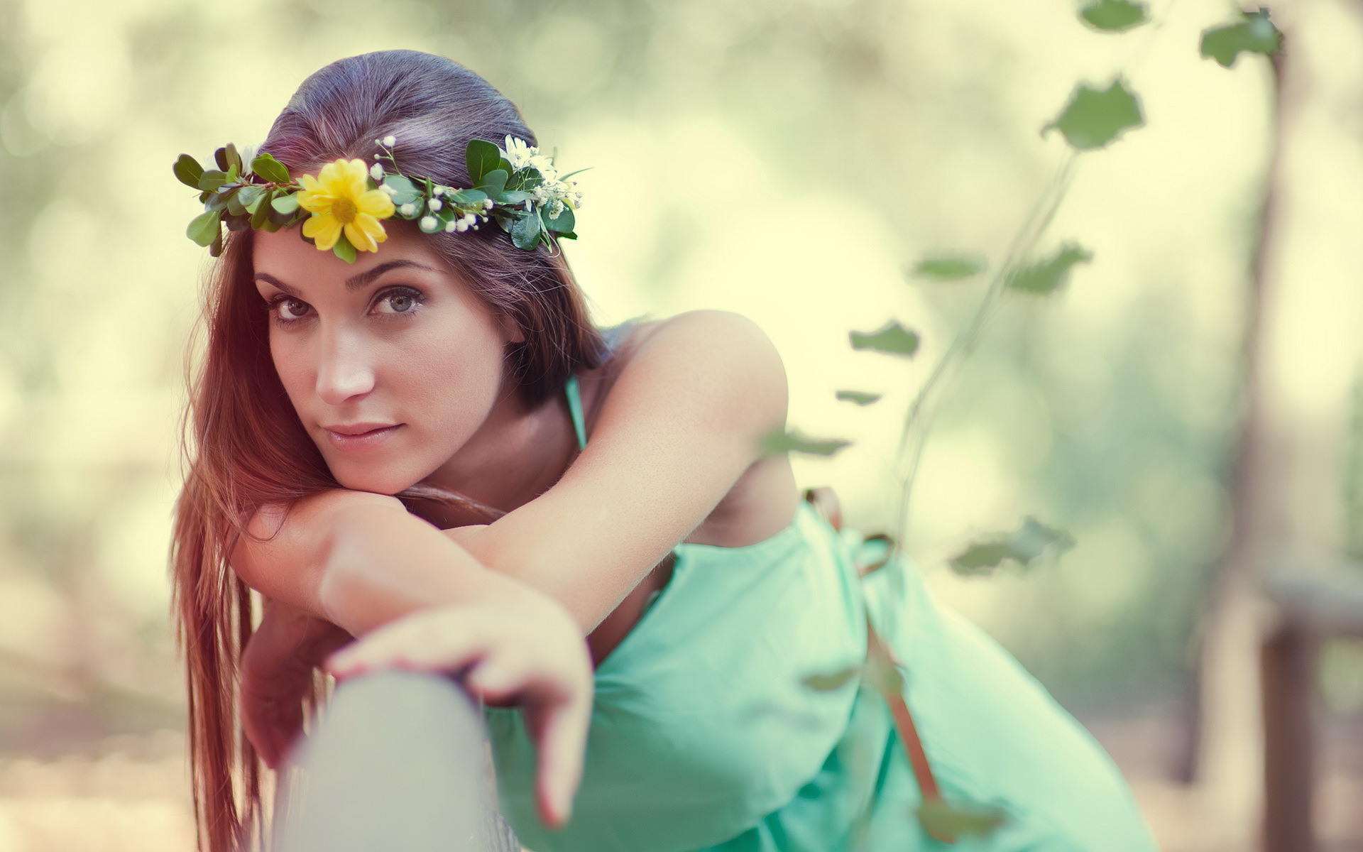 Woman with flower crown in a forest HD Wallpaper