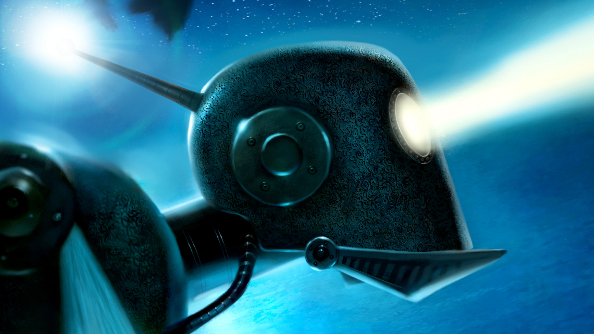Robot with a light beam in space HD Wallpaper