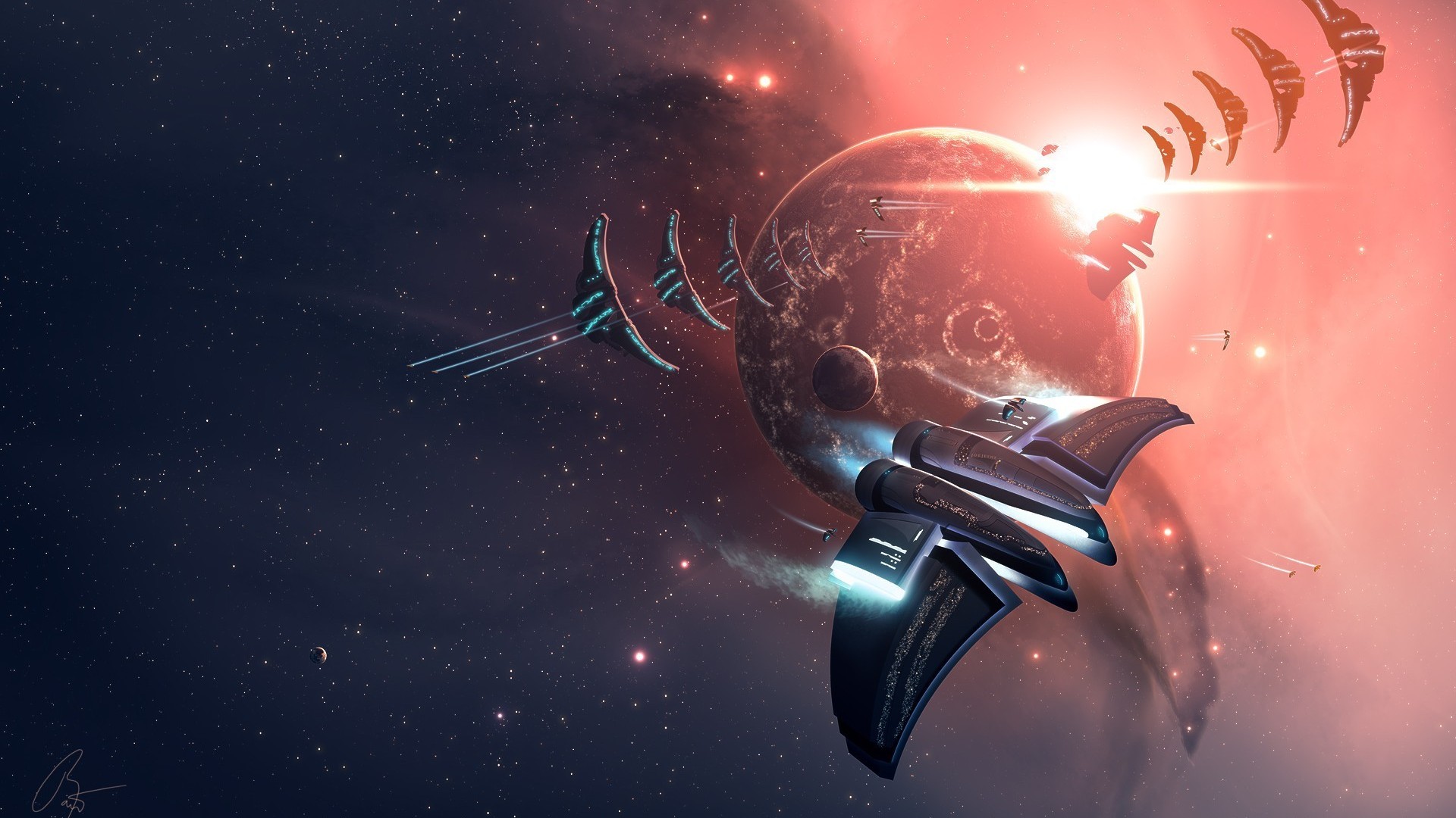 Spaceships near a red planet in space HD Wallpaper
