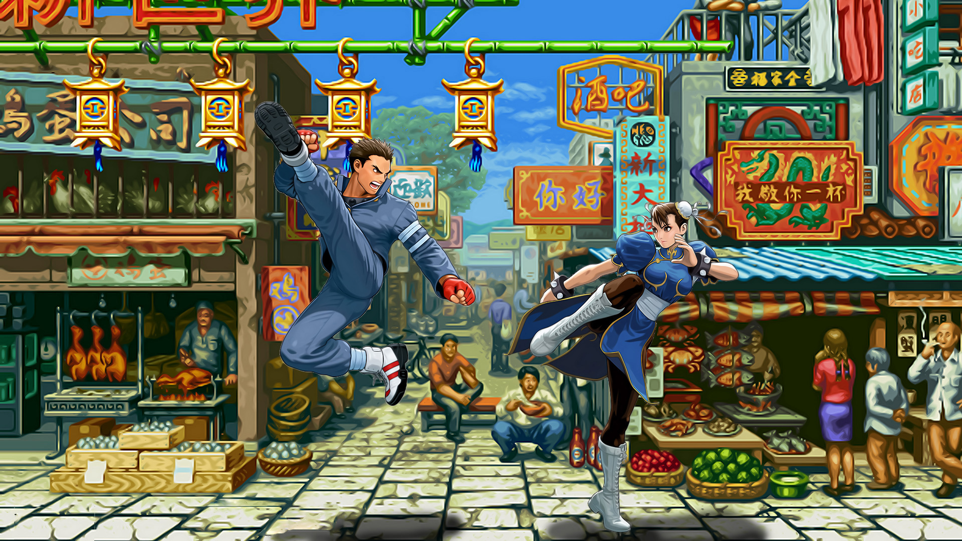 Ken Masters and Chun-Li from Street Fighter II in a street market HD Wallpaper