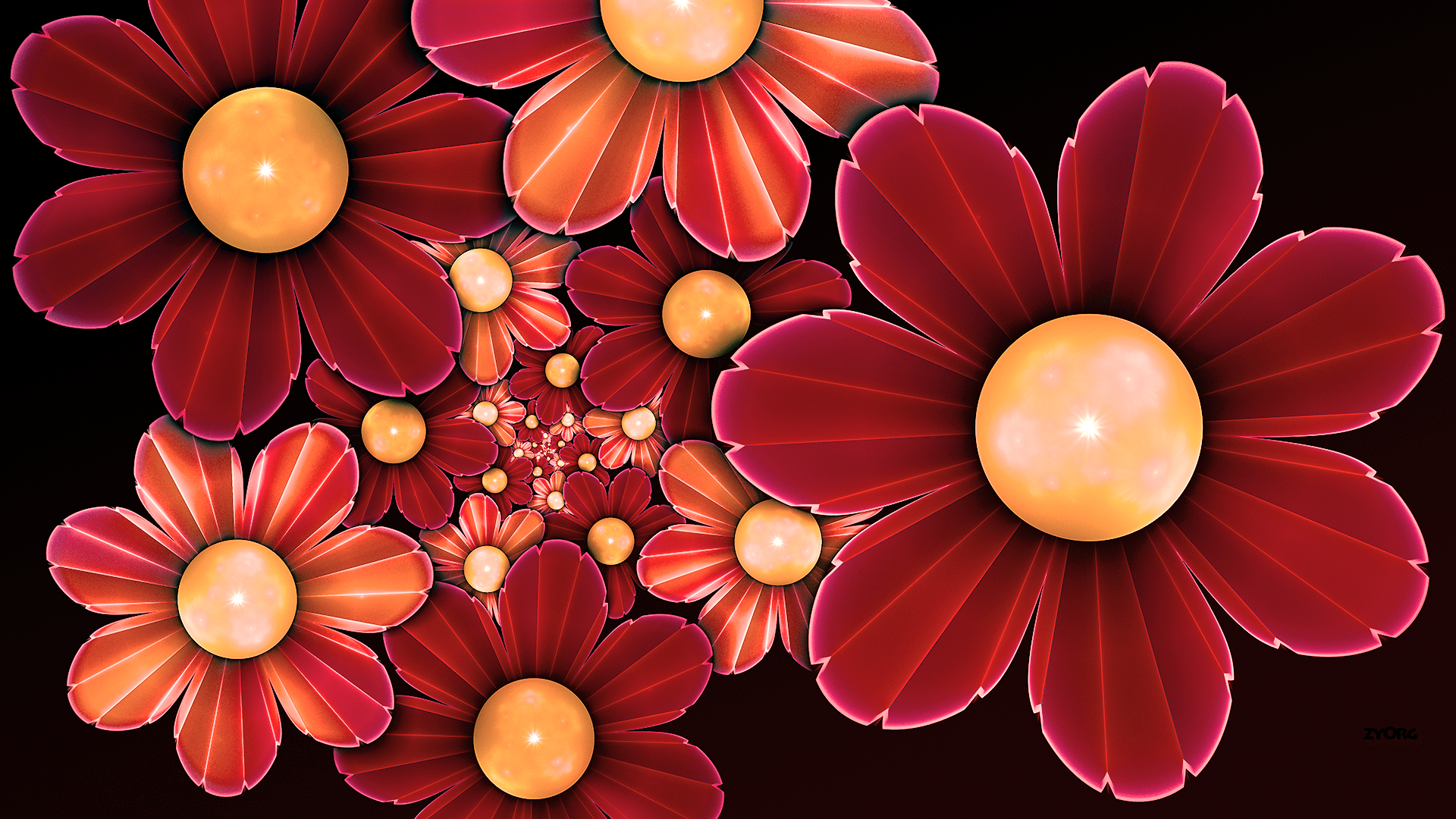 Fractal flowers with red and orange petals HD Wallpaper