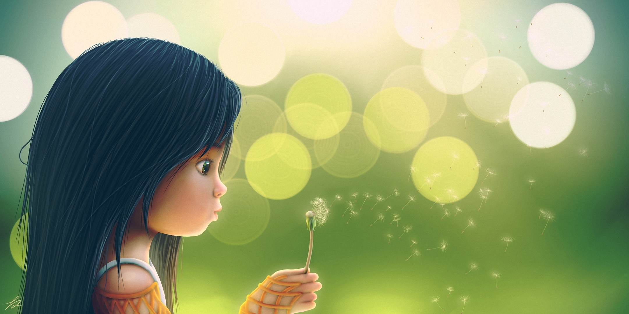 Cute girl blowing dandelion seeds HD Wallpaper