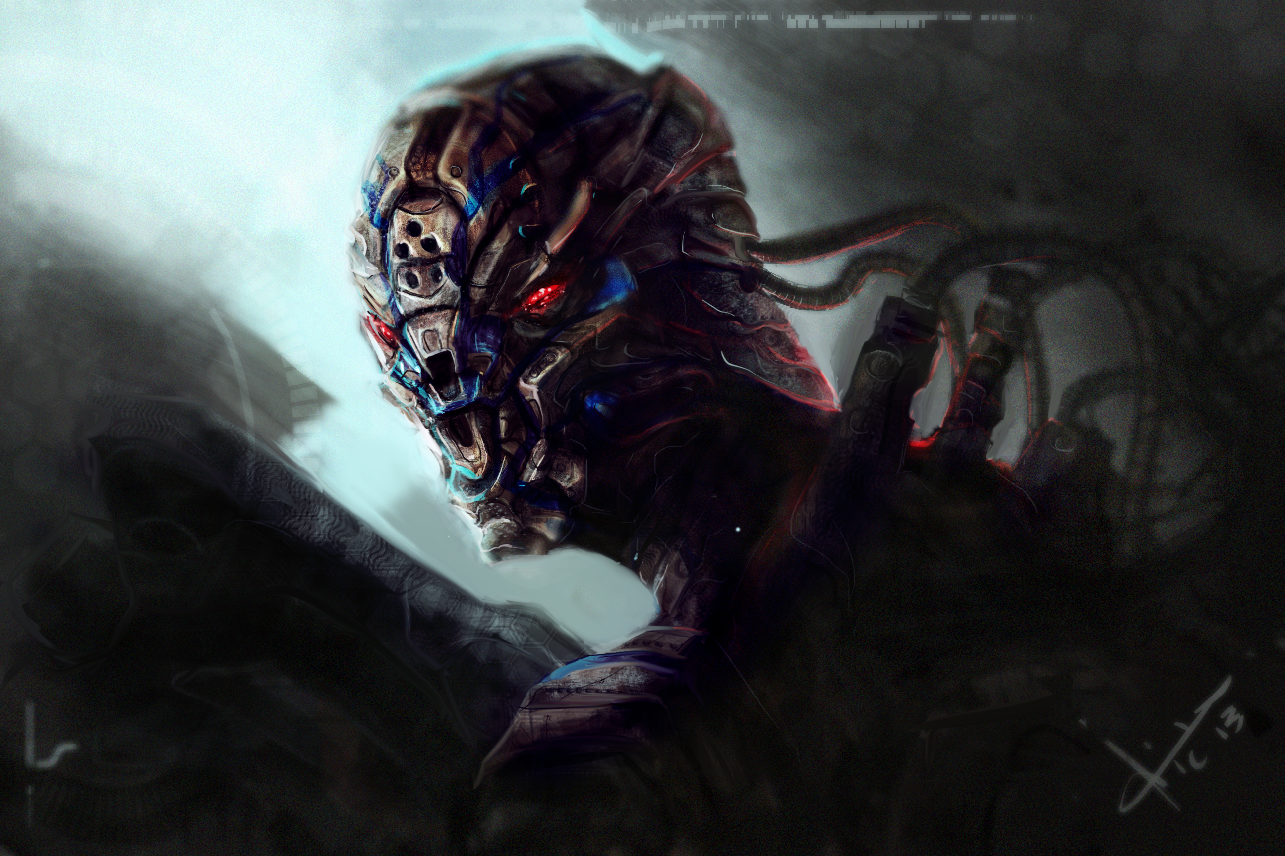 Sci Fi Cyborg with red eyes and cables HD Wallpaper