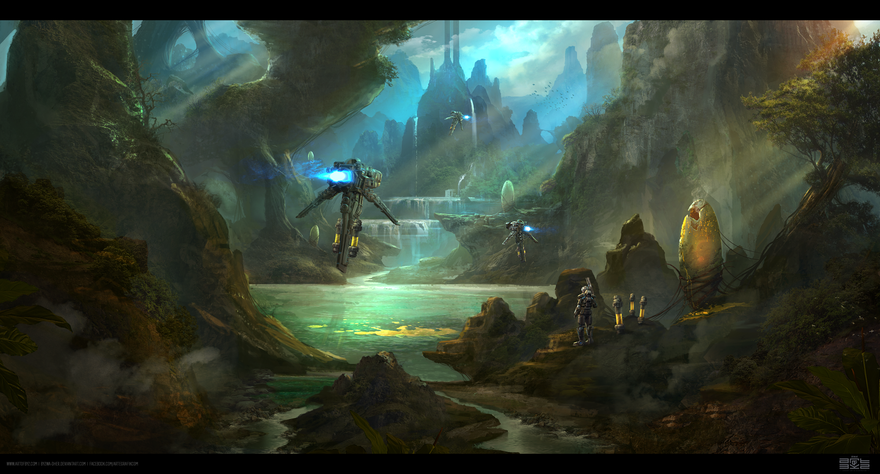 Sci Fi Landscape with Futuristic Vehicles and Figures HD Wallpaper