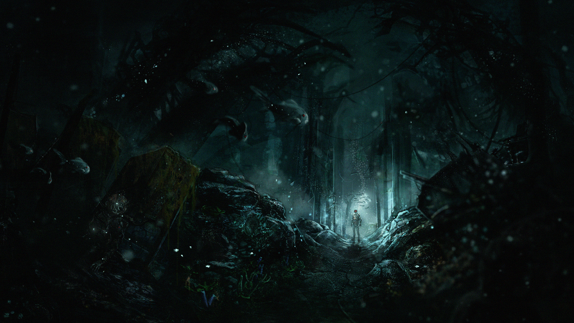 Man with flashlight in dark underwater cave HD Wallpaper