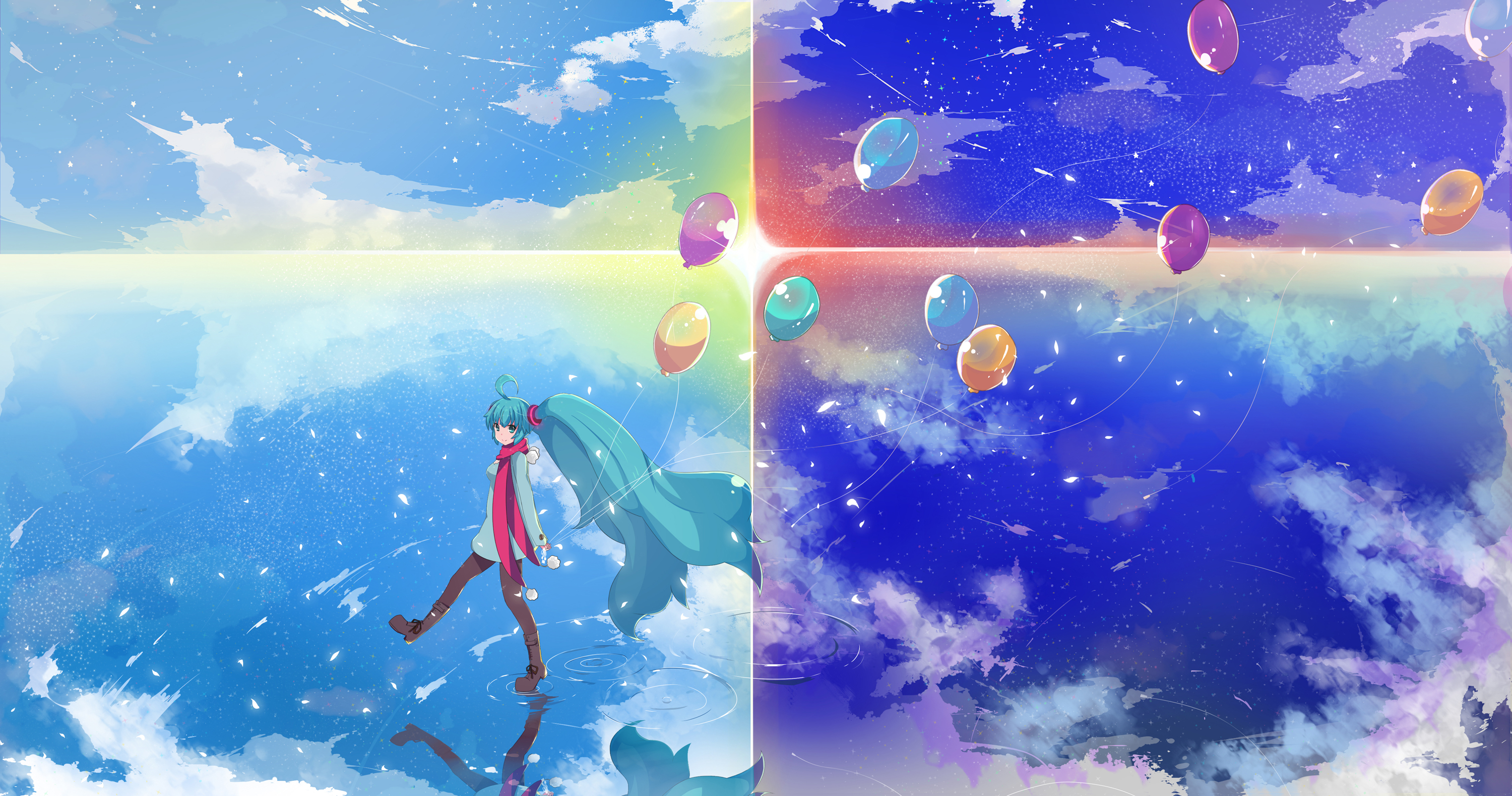 Hatsune Miku walking on water with balloons HD Wallpaper