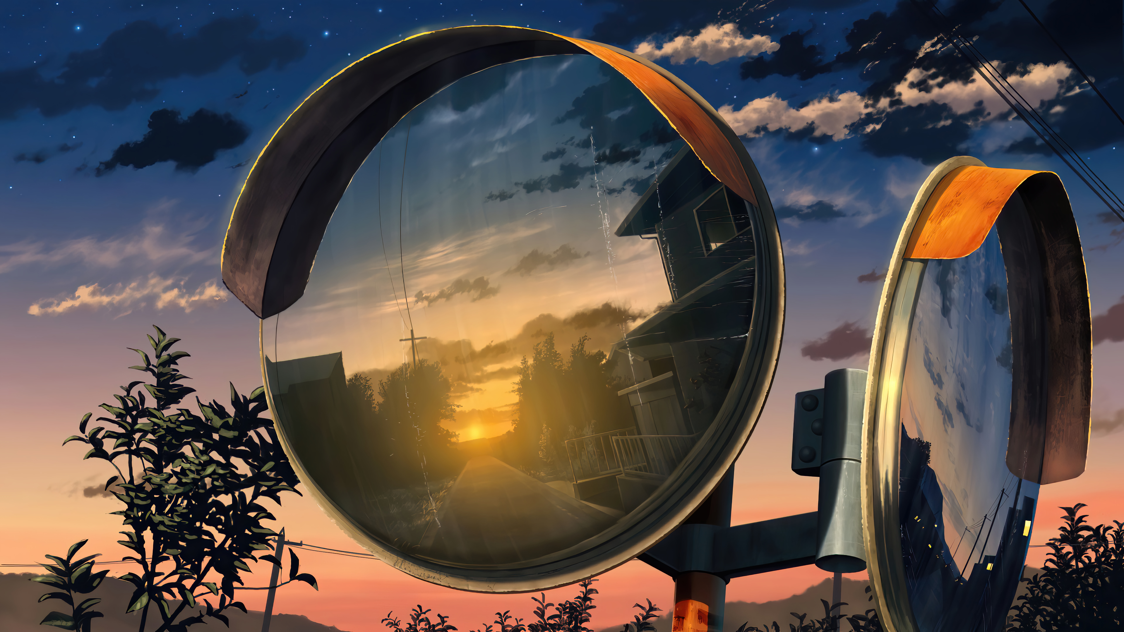 Anime Scenery with Sunset Reflection in Convex Mirrors 4K HD Wallpaper