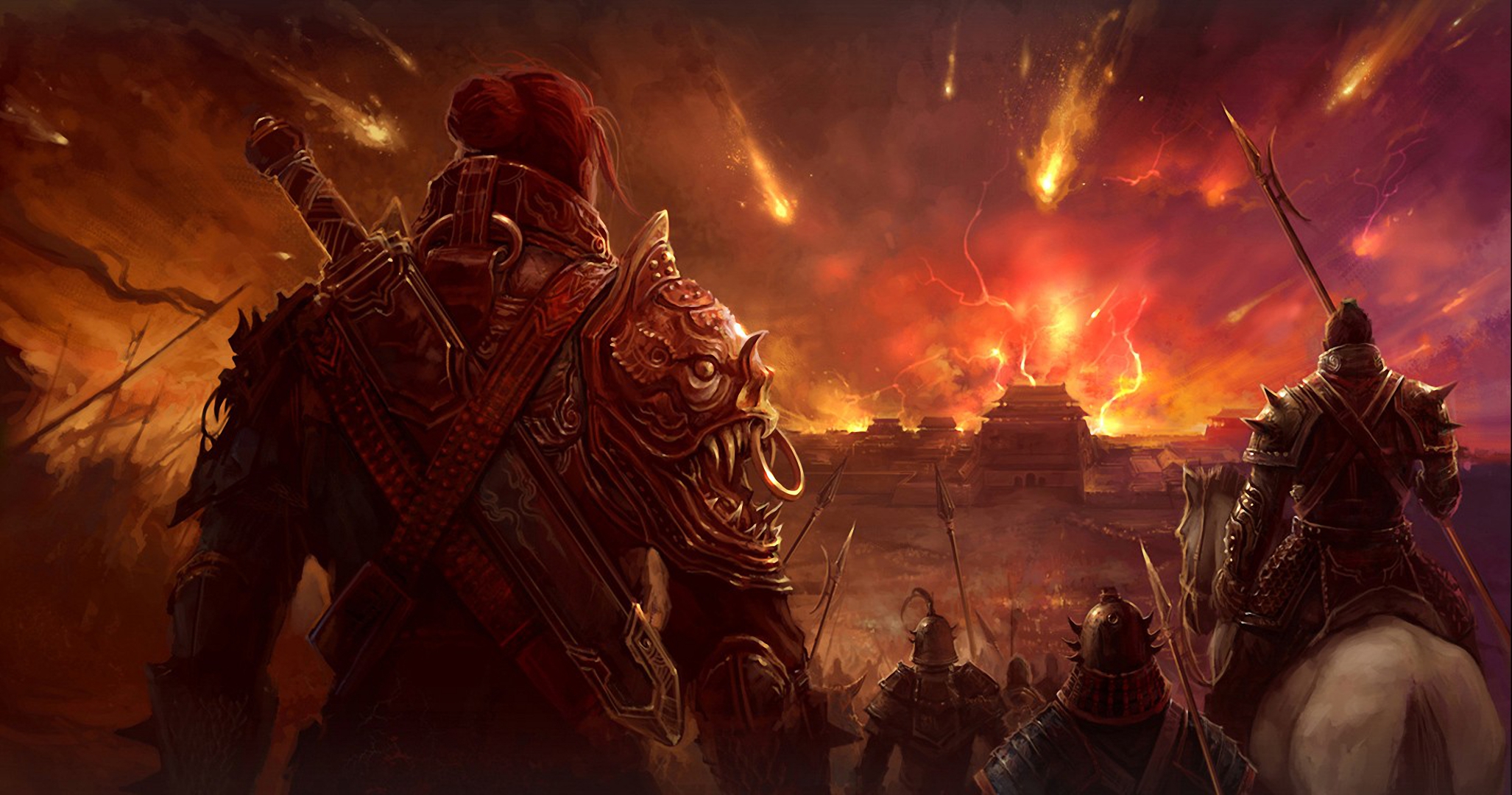 Fantasy warriors watch a city under attack by meteors HD Wallpaper